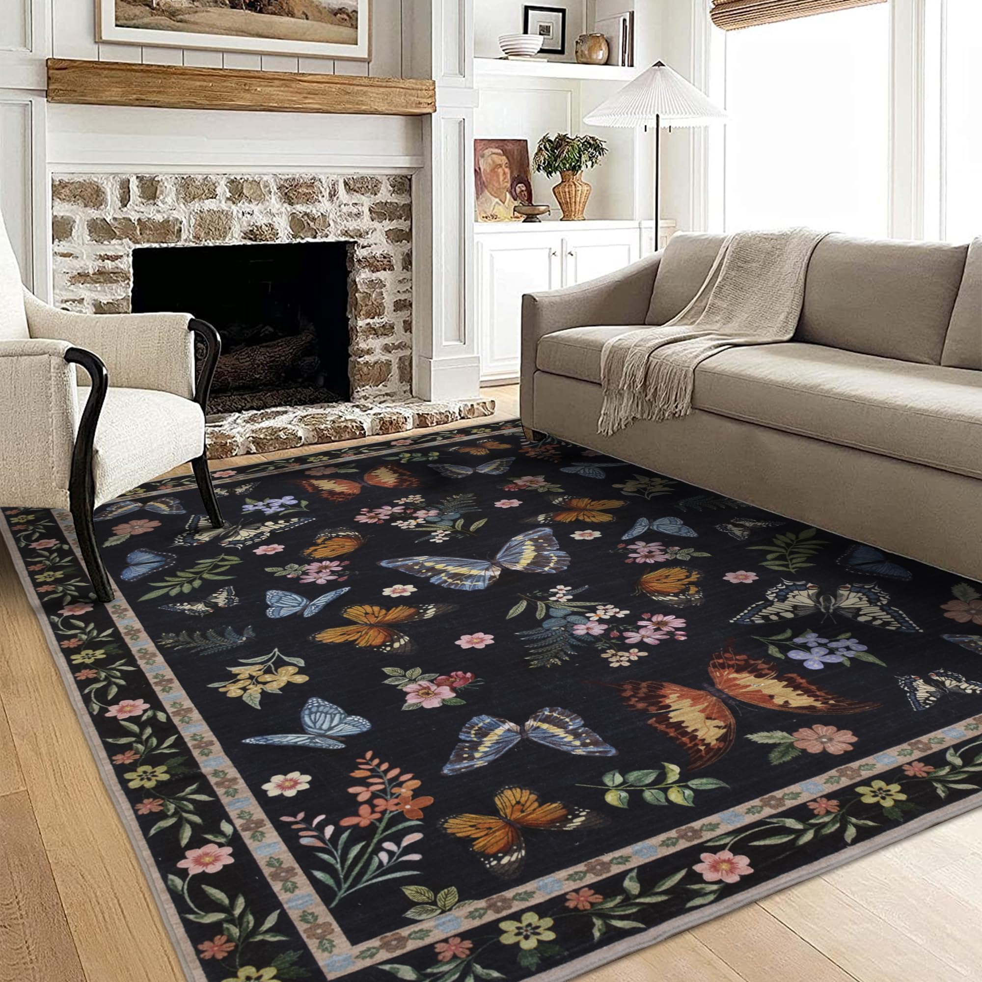 Insect Floral Area Rug, Machine Washable Area Rug Non-Slip Low Pile Large Bedroom Rug Stain Resistant Throw Rug Carpet