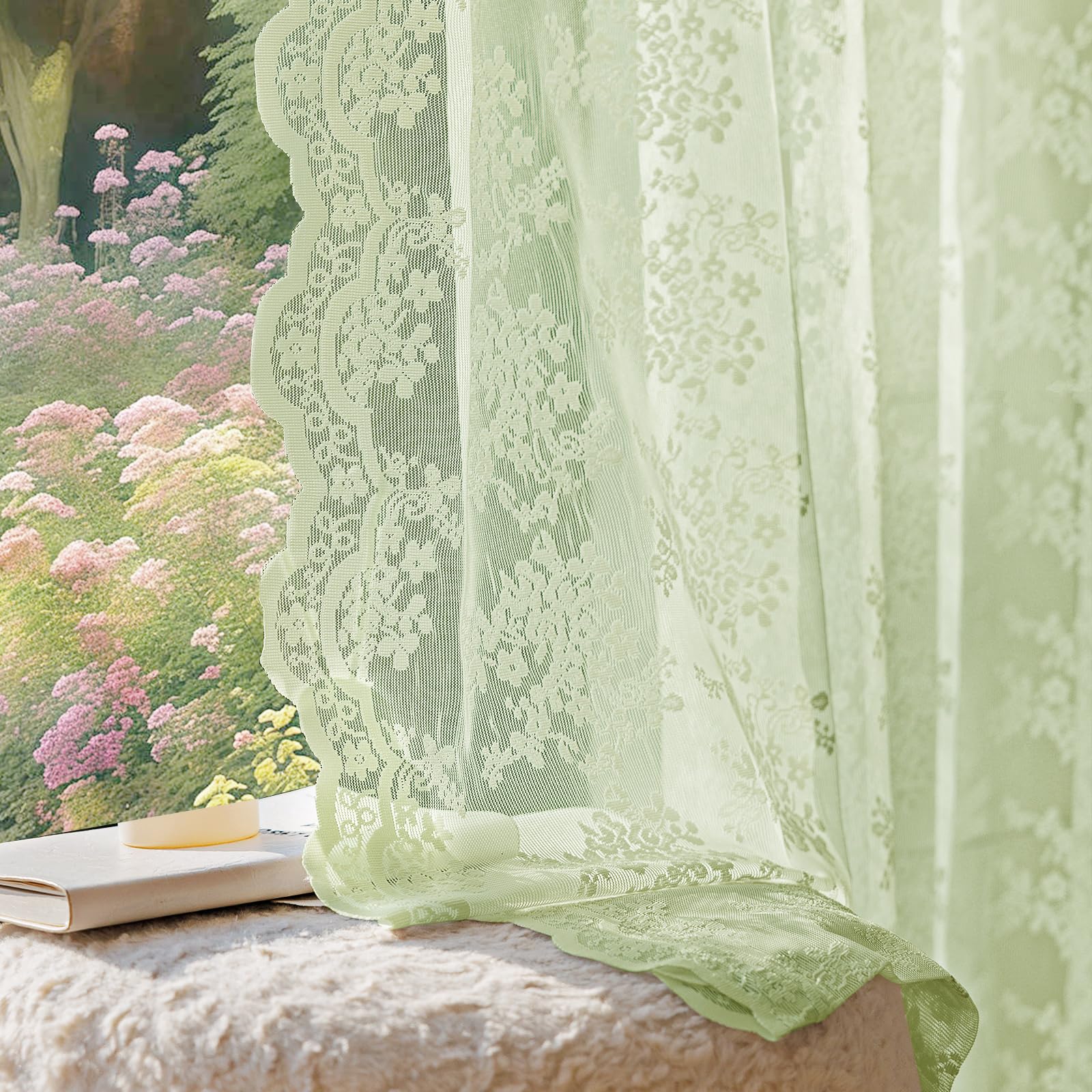 Vintage Lace Curtains, Romantic Semi Sheer Floral Lacy Curtains with Bow Curtain Ties