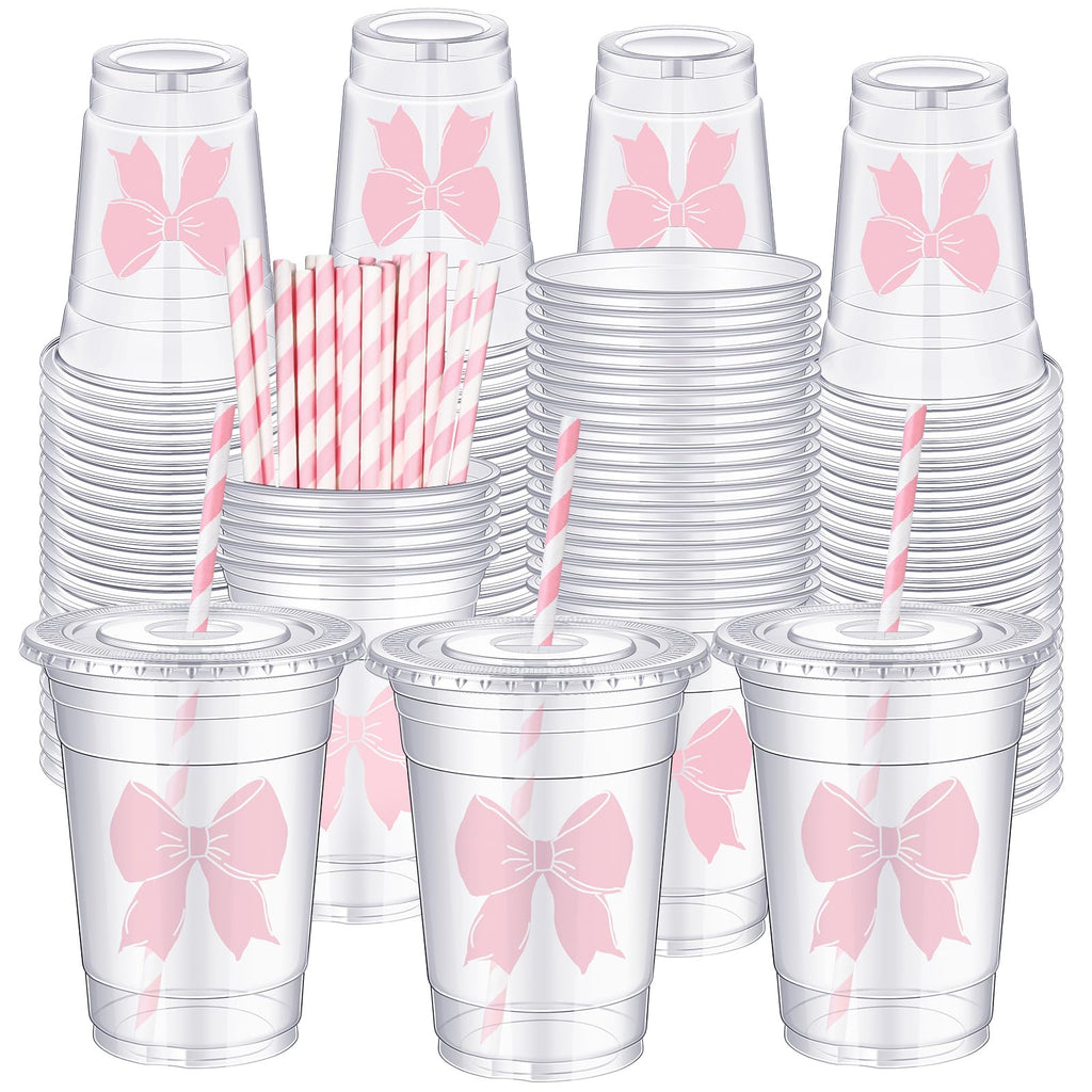 Coquette Bow Disposable Plastic Cups with Straw