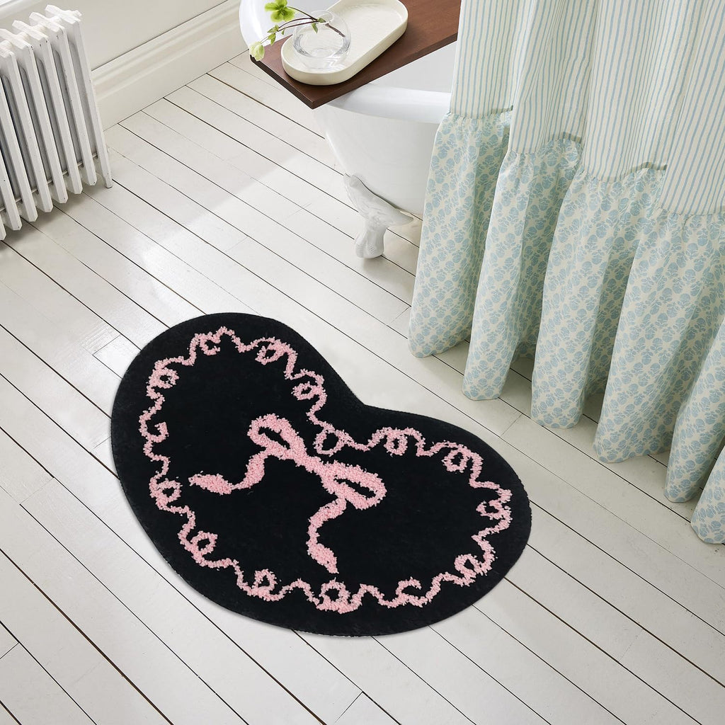 Coquette Black Pink Bow Mat Non Slip Heart Shaped Bow Rug Cute Girly Carpet Room Decor Microfiber Absorbent Bath