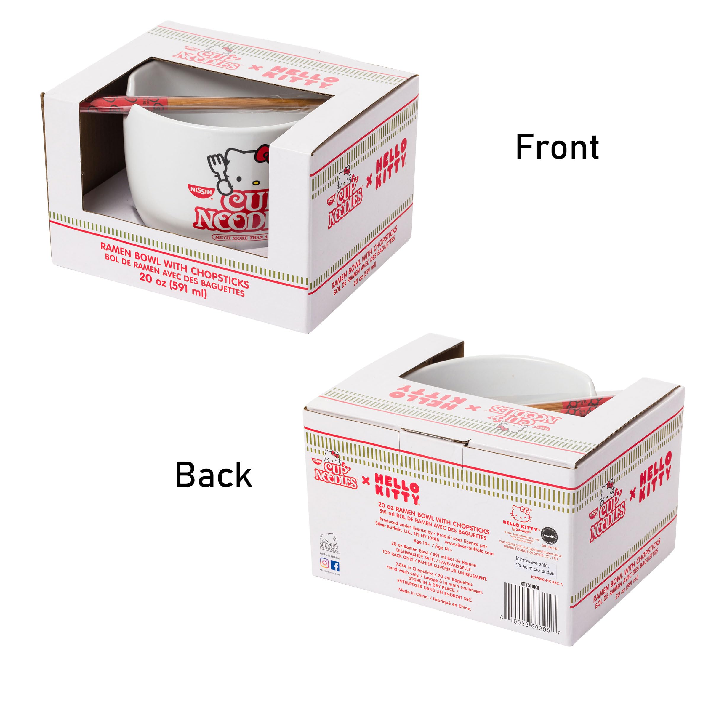 Ceramic Sanrio Hello Kitty Ramen Noodle Rice Bowl with Chopsticks, Microwave Safe