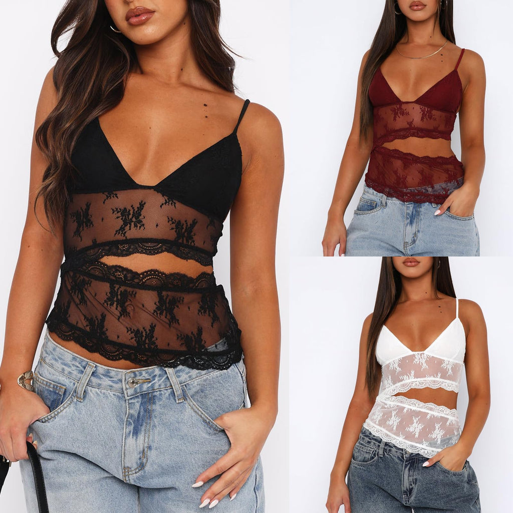 Women Elegant Lace V Neck Camis Sleeveless Spaghetti Strap Slim Camisoles Vintage Backless Tank Top