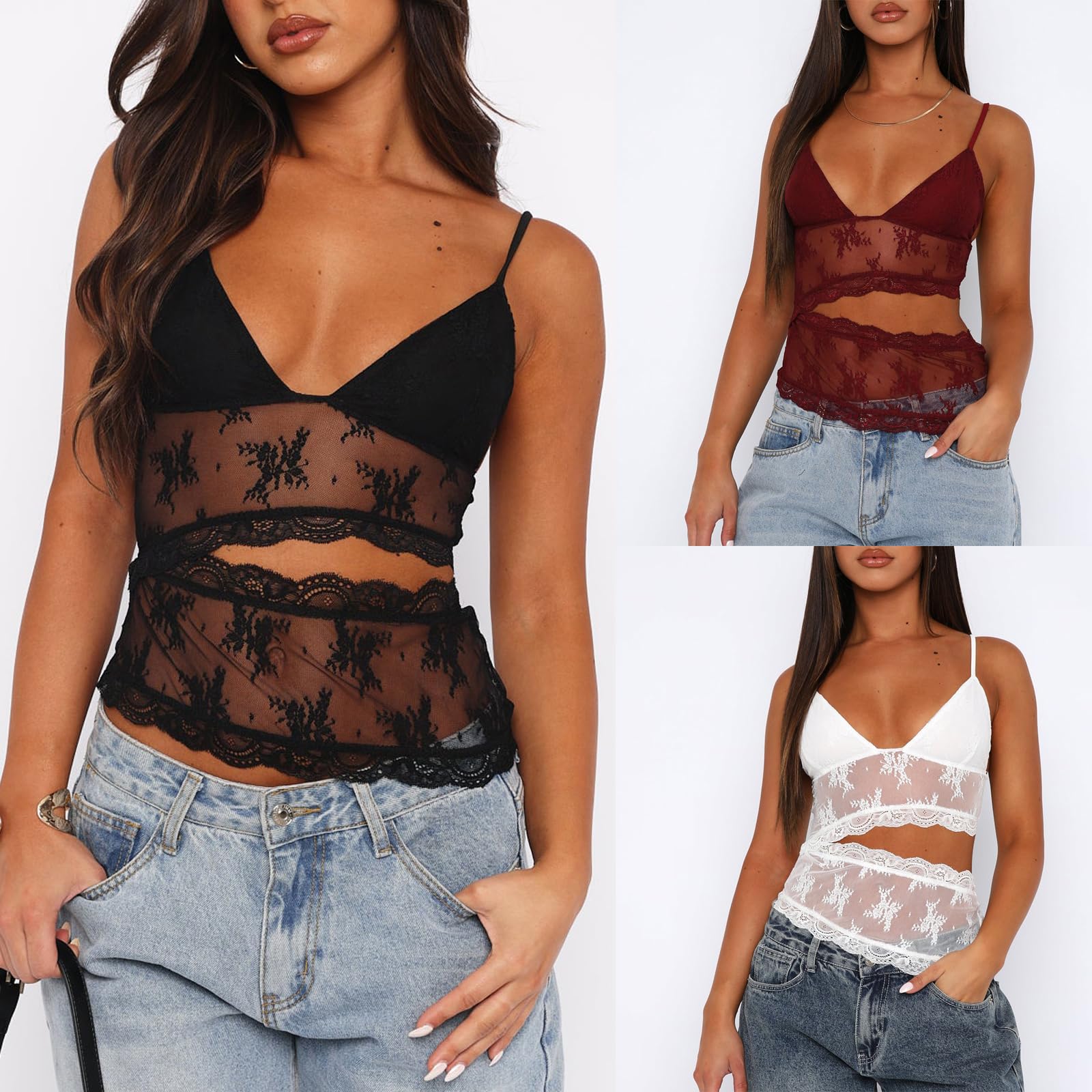 Women Elegant Lace V Neck Camis Sleeveless Spaghetti Strap Slim Camisoles Vintage Backless Tank Top
