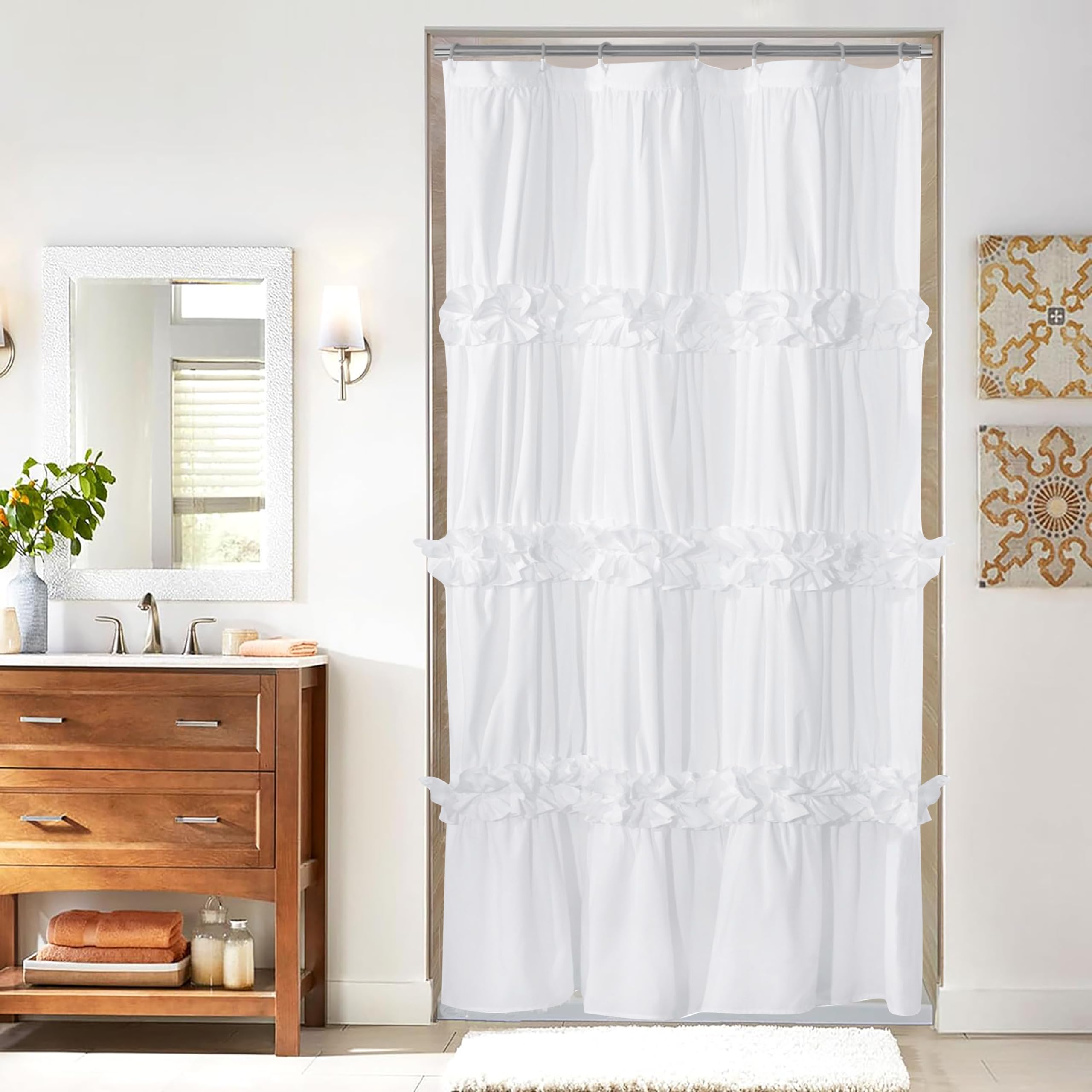 Victorian Bow Tie Ruffle Shower Curtain, with 12 Buttonholes, 72" W x 72" H, White (LQ-10)