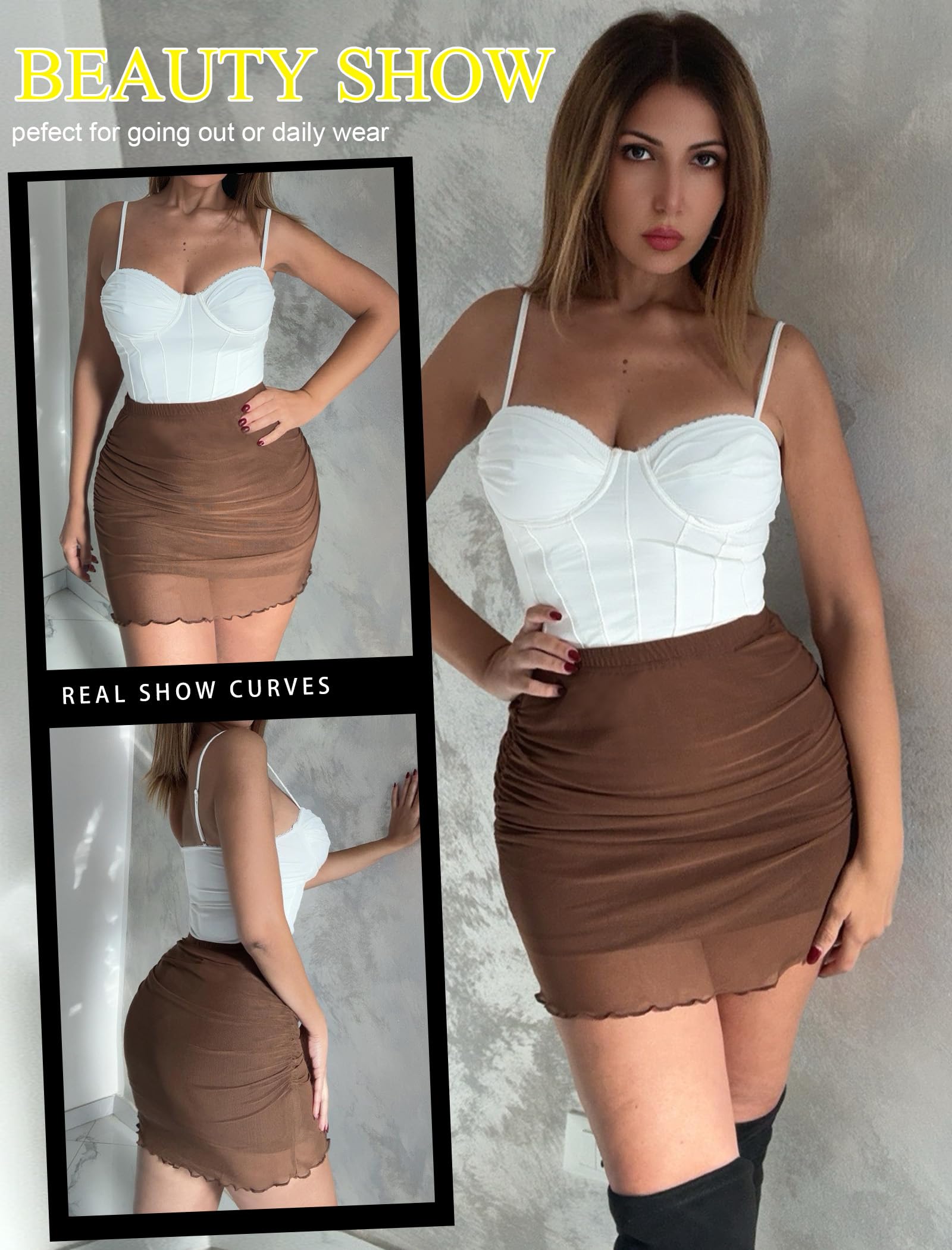 Women Sexy Skirt Ruched Bodycon Double Layer Club Skirt Lettuce Trim