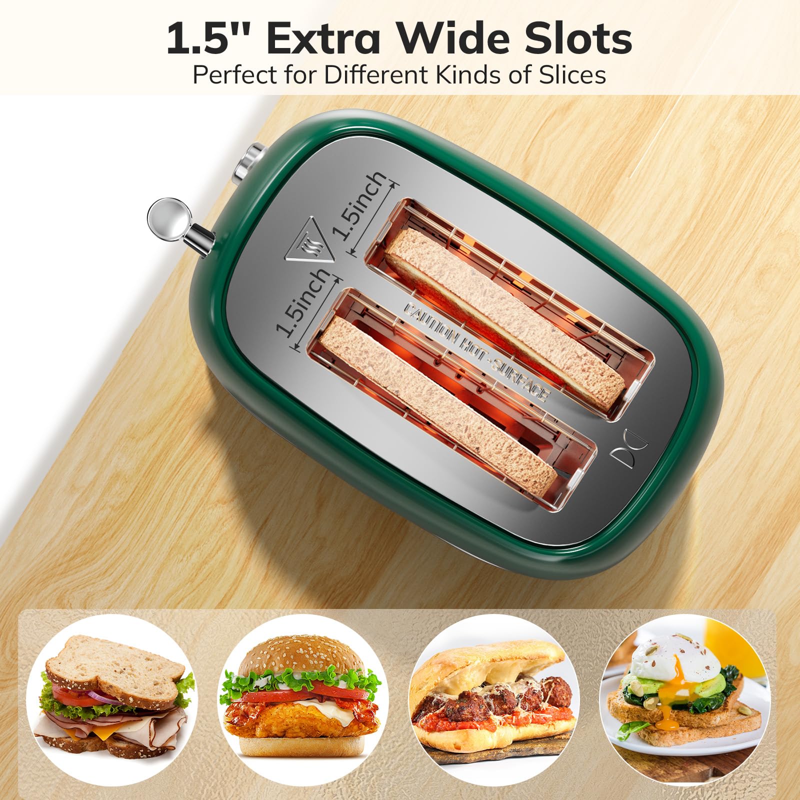 Toaster 2 Slice Stainless Steel with 6 Bread Shade Settings, Retro Toaster with Extra Wide Slot