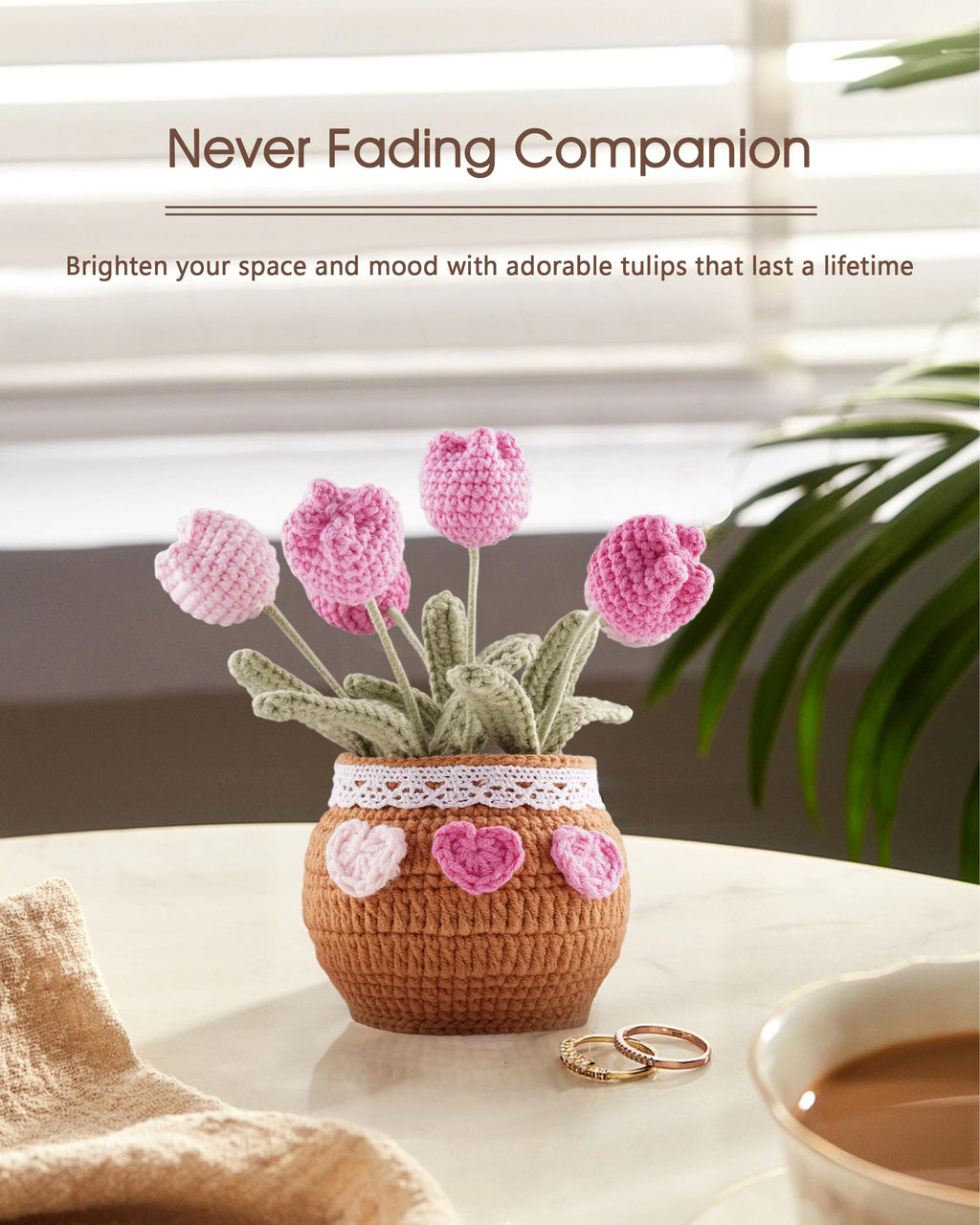 Crochet Tulip Potted Plant - Handmade Cotton Knitted Artificial Flowers, 6 Tulips Pot Plant with Bendable Leaves