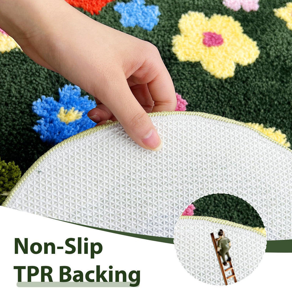 Green Moss Bathroom Rugs Bath Mat Non Slip, Ultra Soft Absorbent Aesthetic Decor Shaggy Tufted Flower Long Bath Rugs