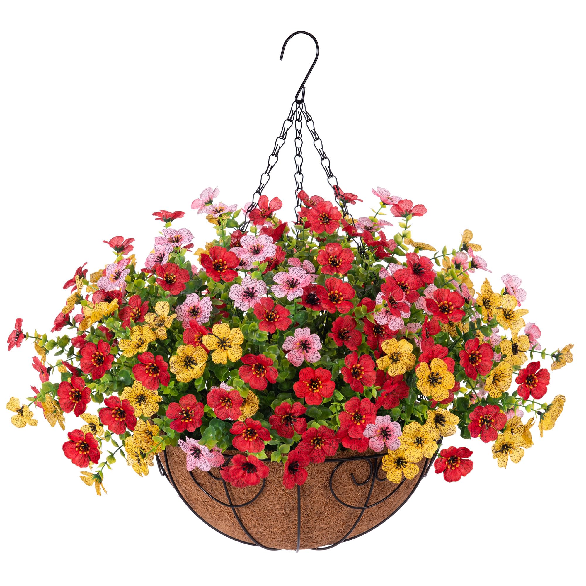 Fake Silk Colorful Daisy Eucalyptus in 12" Metal Coconut Lining Flowerpot