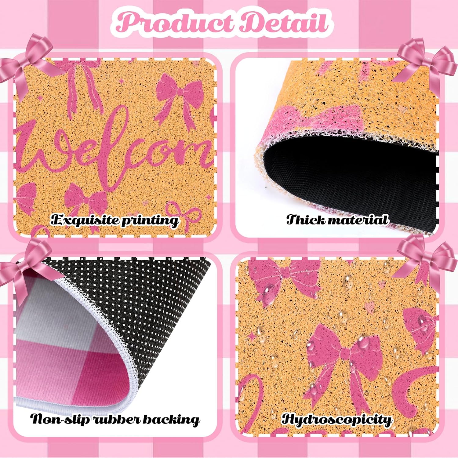 Pink Coquette Bow Door Mat Pink White Checkered Welcome Mat Watercolor Floor Rugs Bow Printed Doormat 2 Pcs