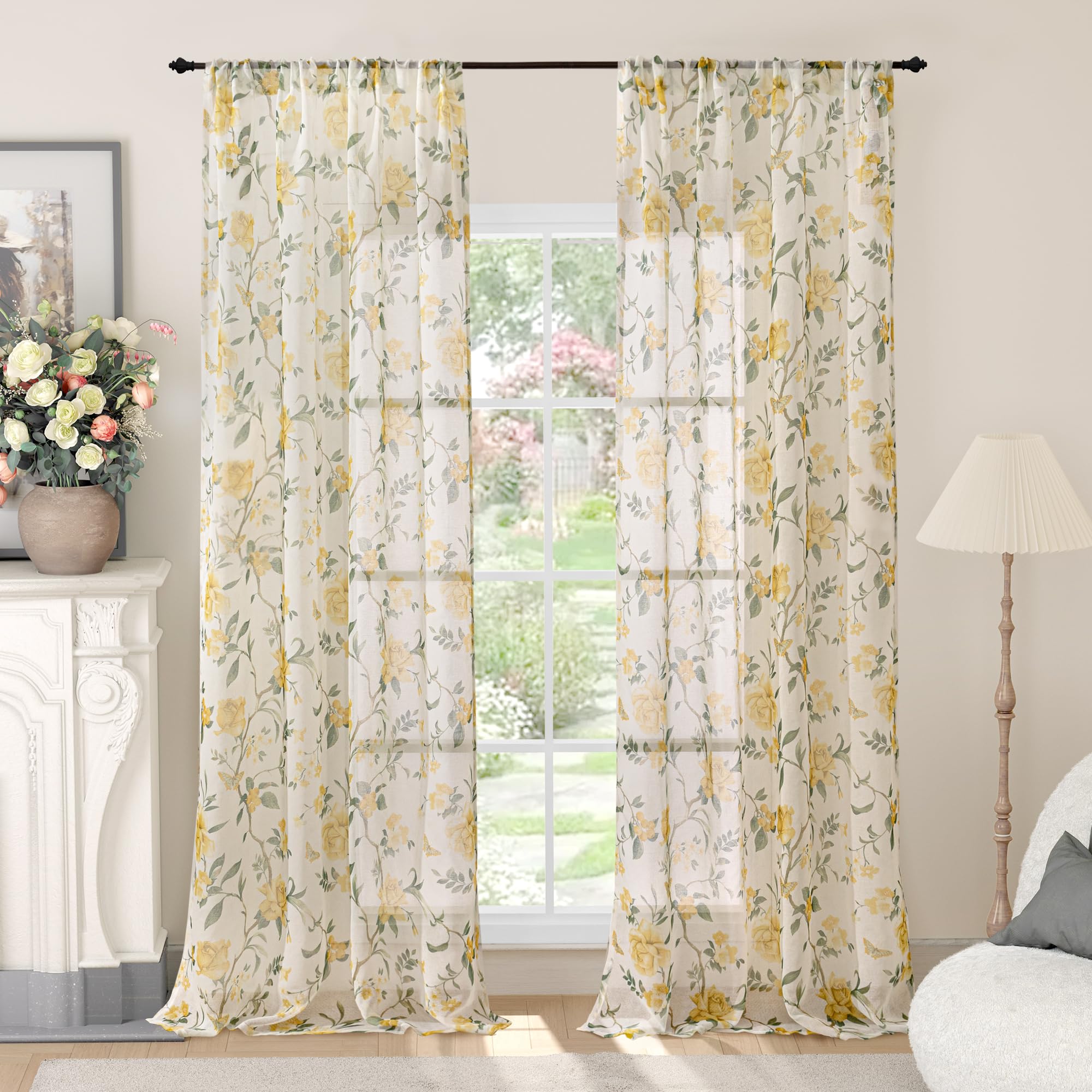 Floral Sheer Curtains, Vintage Light Filtering Semi-Sheer Linen Curtains