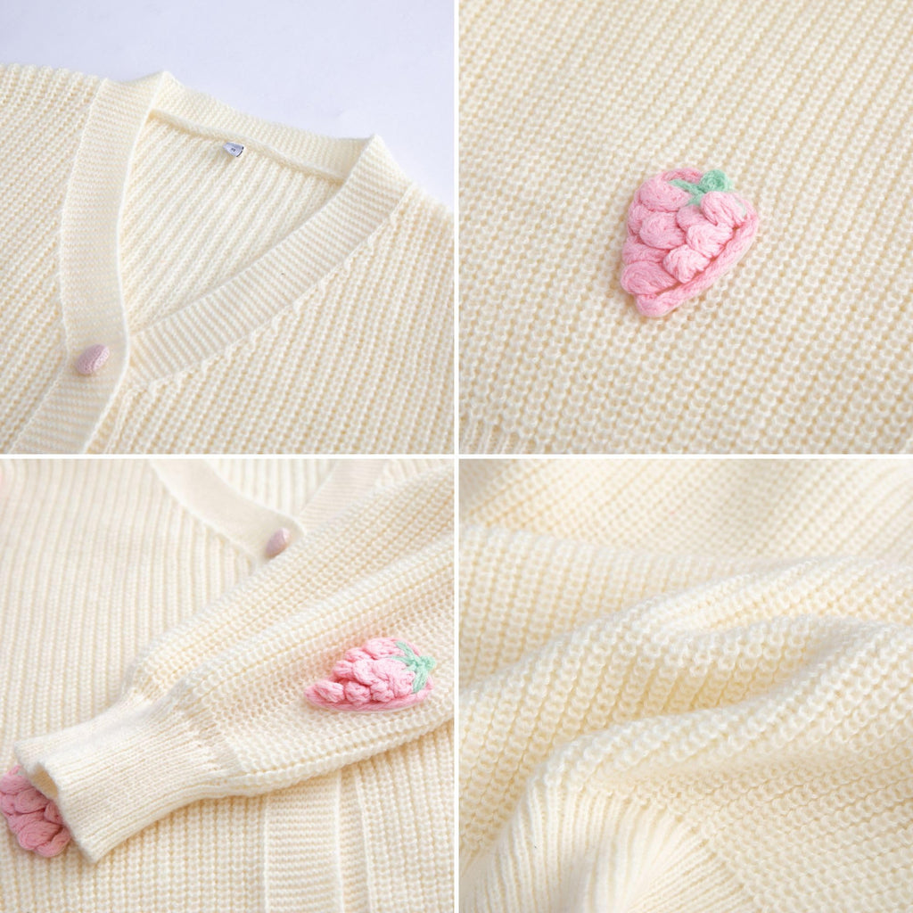 Women's Kawaii Strawberry Embroidered Cardigan Long Sleeve V Neck Chunky Knitted Cardigans