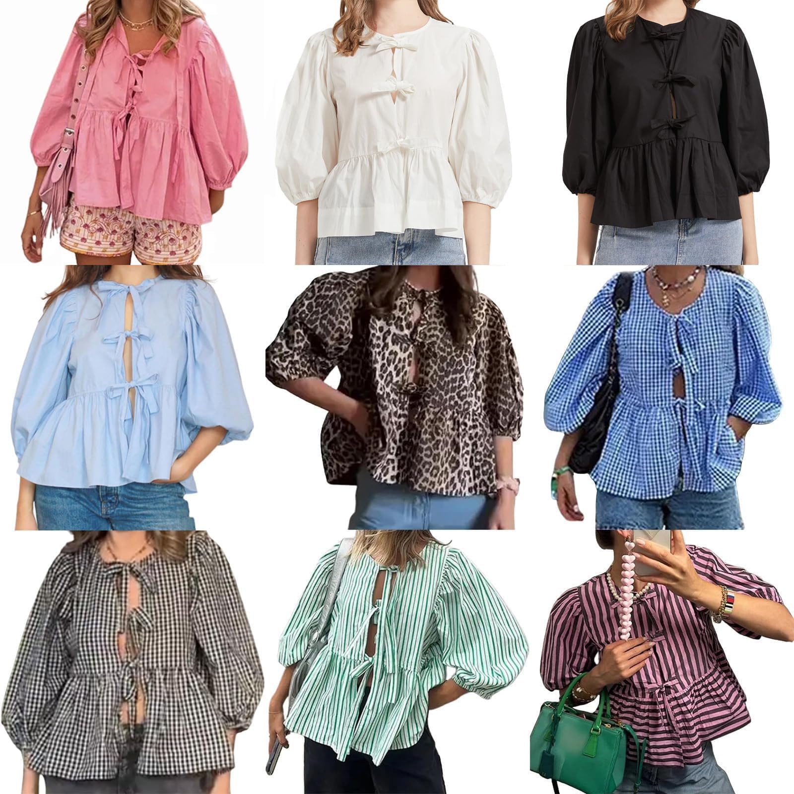 Tie Front Tops Womens Y2k Print Peplum Babydoll Top 3/4 Length Puff Sleeve Coquette Cute Going Out Tops