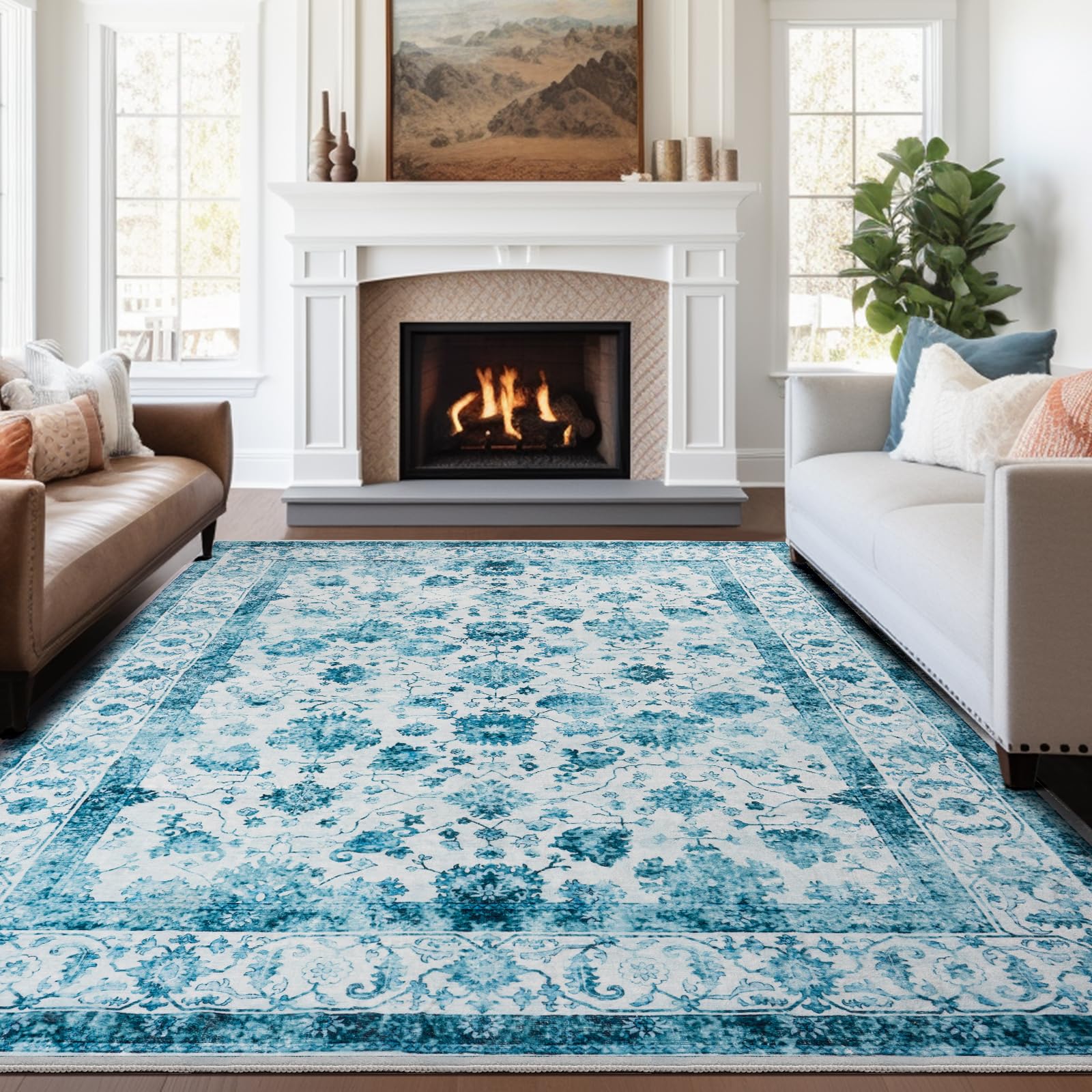 Washable Area Rugs Door Mat Entryway Vintage Floral Non-Slip Low Pile Entrance Thin Rug Carpet for Kitchen Bathroom Living Room Pink