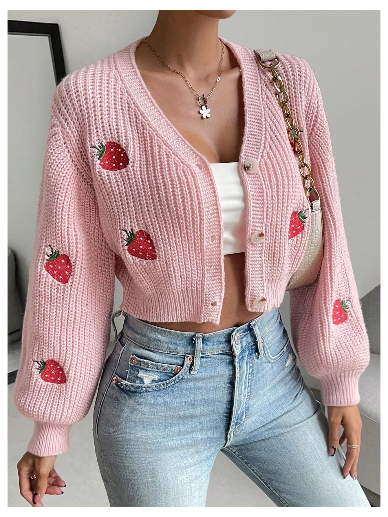 Women's Strawberry Embroidery Crop Cardigan Drop Shoulder Button Up Sweater Tops V Neck Outerwear