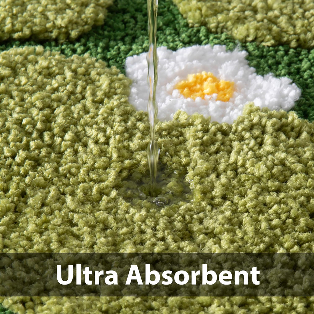 Green Moss Bathroom Rugs Bath Mat Non Slip, Ultra Soft Absorbent Aesthetic Decor Shaggy Tufted Flower Long Bath Rugs