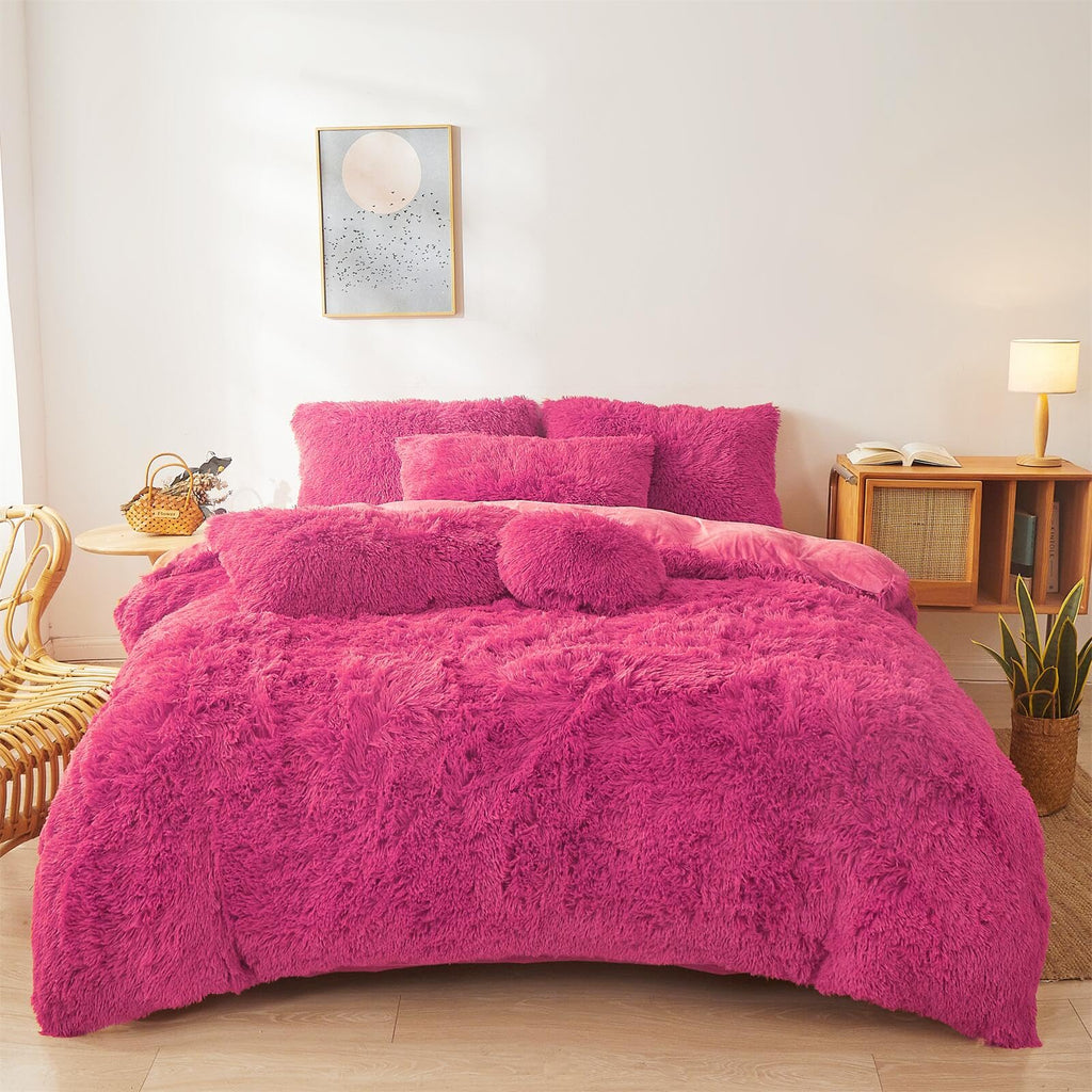 Fluffy Faux Fur Comforter Cover Set Queen - Ultra Soft Plush Bedding Sets 3 Pieces (1 Fluffy Duvet Cover + 2 Faux Fur Pillow case) Cute Bed Set