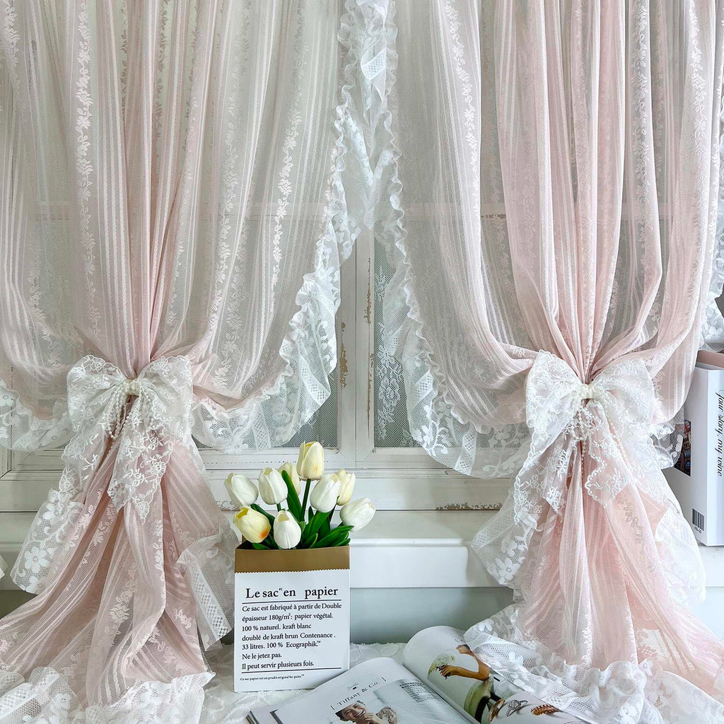Floral Embroidery Sheer Lace Curtain with Ruffle Trim Romantic Gauze Curtains