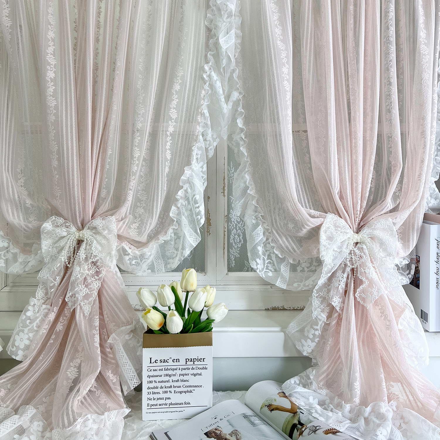 Floral Embroidery Sheer Lace Curtain with Ruffle Trim Romantic Gauze Curtains