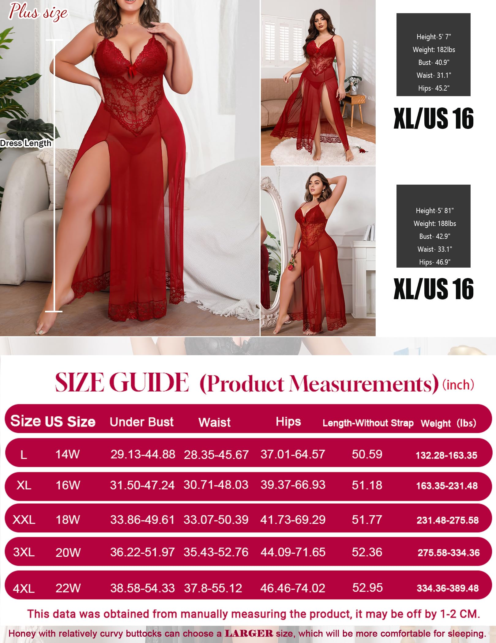 Plus Size Lingerie For Women Babydoll Sexy Mesh Maxi Nightdress Exotic Sleepwear Side Slits