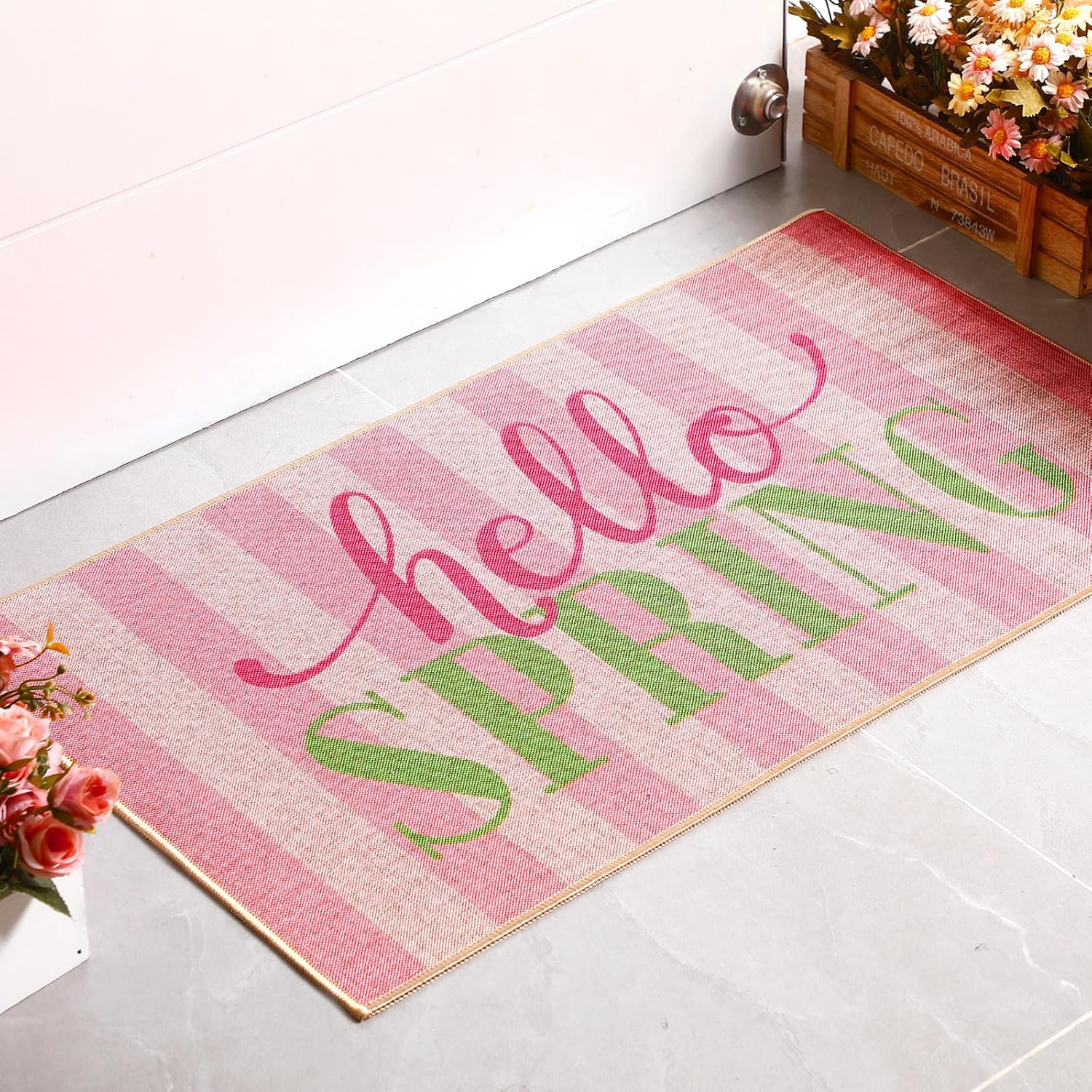 Hello Spring Door Mat for Front Door 30''x 17'' Pink Non Slip Decorative Floor Mats