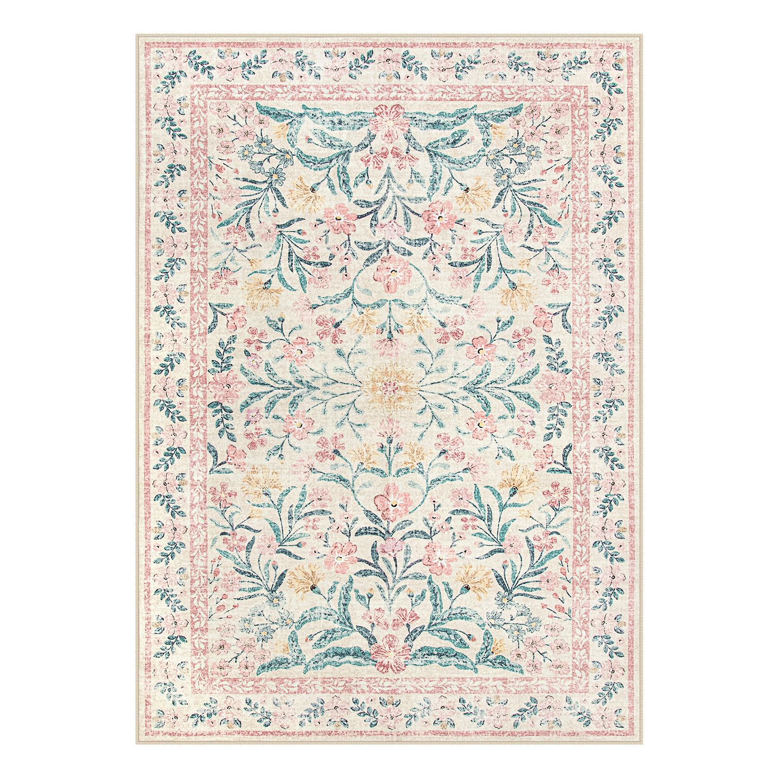 Machine Washable Boho Soft Floral Carpet Non Slip, Indoor Ultra-Thin Floor Carpet for Kid Room Living Room Dorm