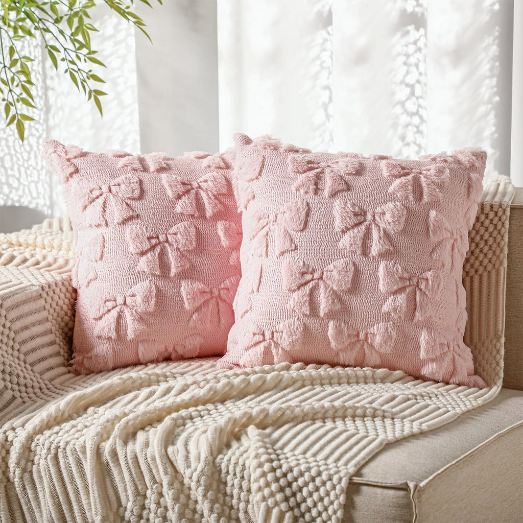 Coquette Bow Pillow Covers - Set of 2 Room Decor Cute Faux Fur Soft Pillow Covers Fluffy Plush Aesthetic Pillow Covers for Bed Sofa Couch Covers 18x18