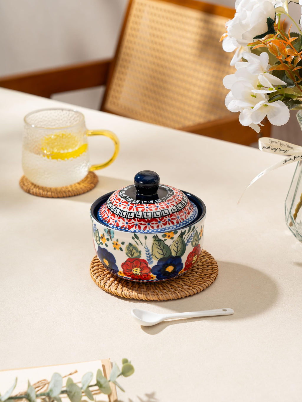 Handmade Sugar Bowl with Lid and Spoon, 10 Ounce Ceramic Hand-Painted Sugar Jar for Kitchen Oven, Dishwasher & Microwave Safe, Glazed