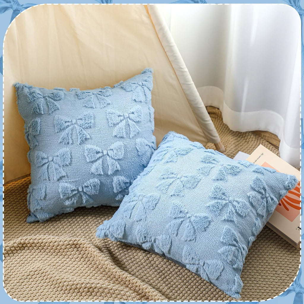 Coquette Bow Pillow Covers - Set of 2 Room Decor Cute Faux Fur Soft Pillow Covers Fluffy Plush Aesthetic Pillow Covers for Bed Sofa Couch Covers 18x18