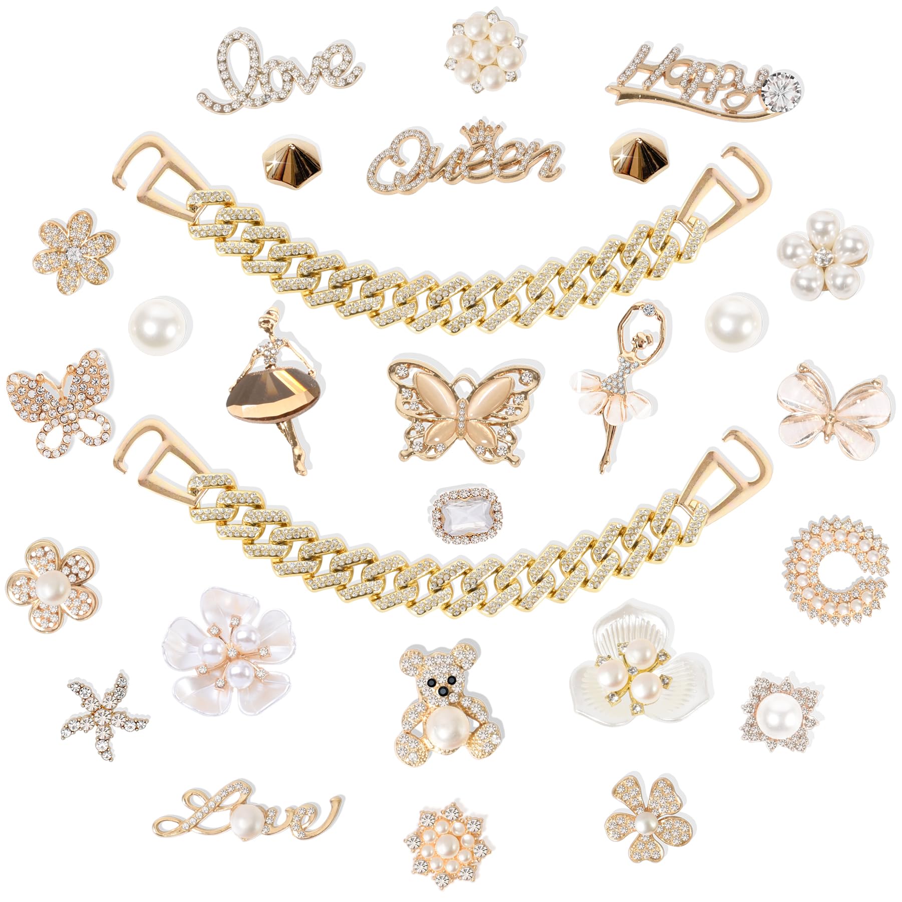 Girls 30 PCS Bling Shoe Charms, Luxury Rhinestone Jewelry Shoe Decoration and Chain for Clog Sandals Accessories