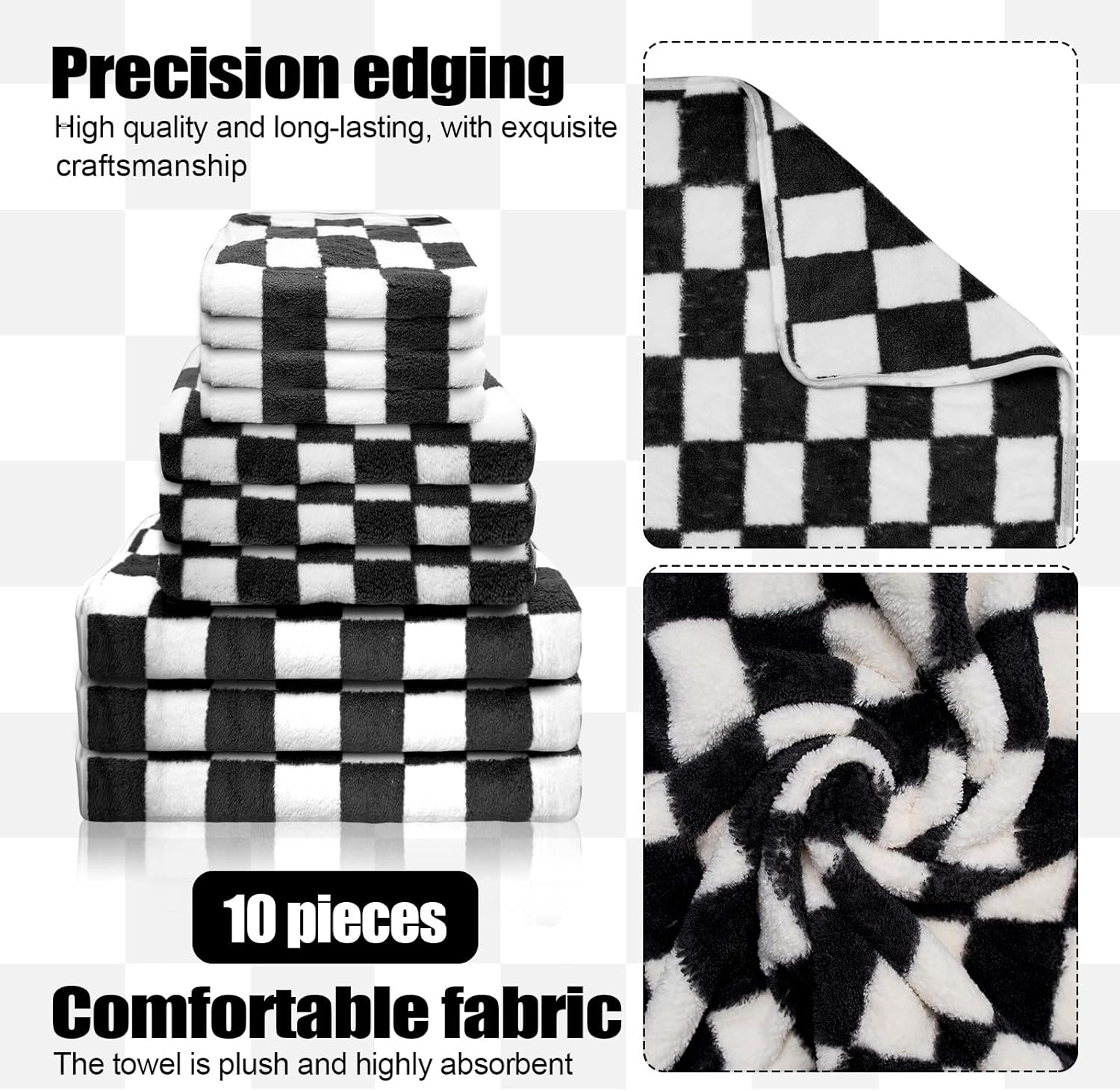 Checkered 10 Pcs Bath Towels Set Lightweight Soft Coral Fleece Flower Washcloth Quick Dry Bathroom Towel for Bathroom, Gym, Spa, Beach,(Black, Checkered)