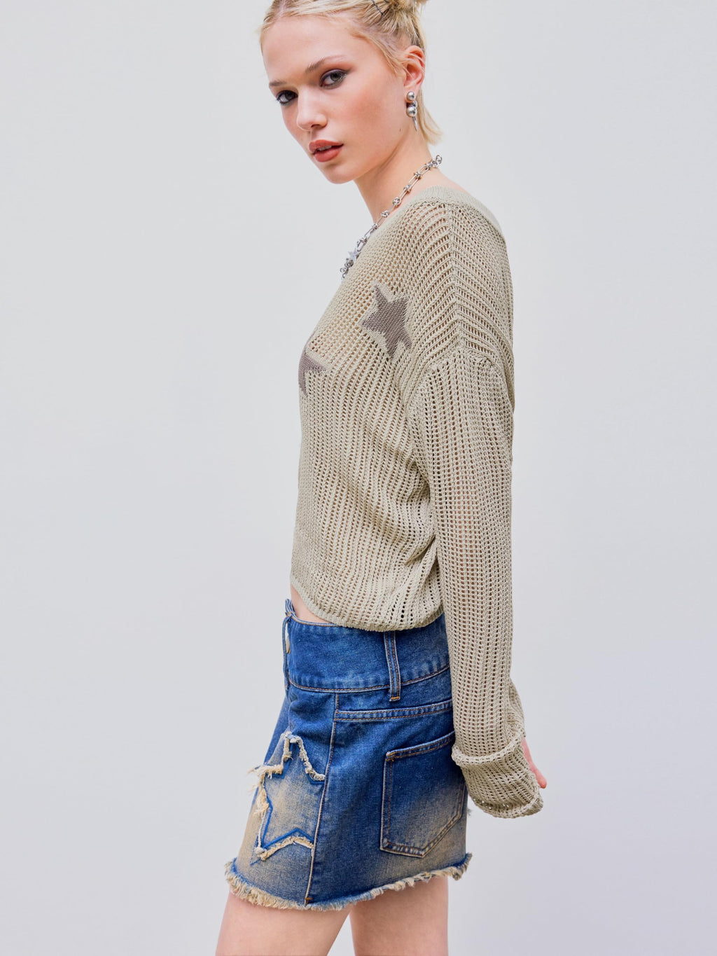 Women's CIDER Asymmetrical Neck Star Pattern Long Sleeve Sweater