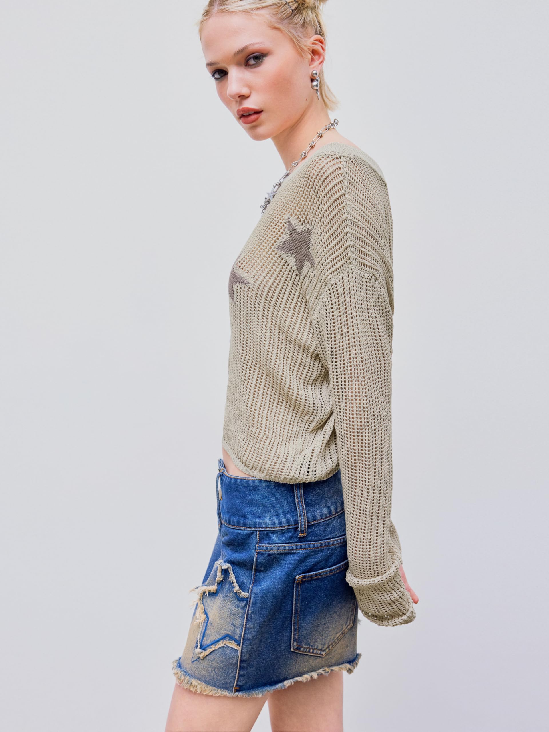 Women's CIDER Asymmetrical Neck Star Pattern Long Sleeve Sweater