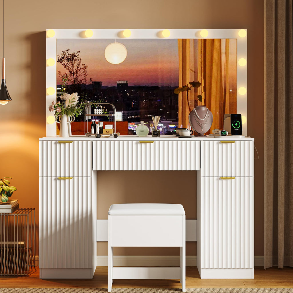 Makeup Vanity Desk with Mirror, Fluted Panel, Large LED Mirror, 3 Lighting Modes & Adjustable Brightness, Charging Station, Dressing Table with Stool