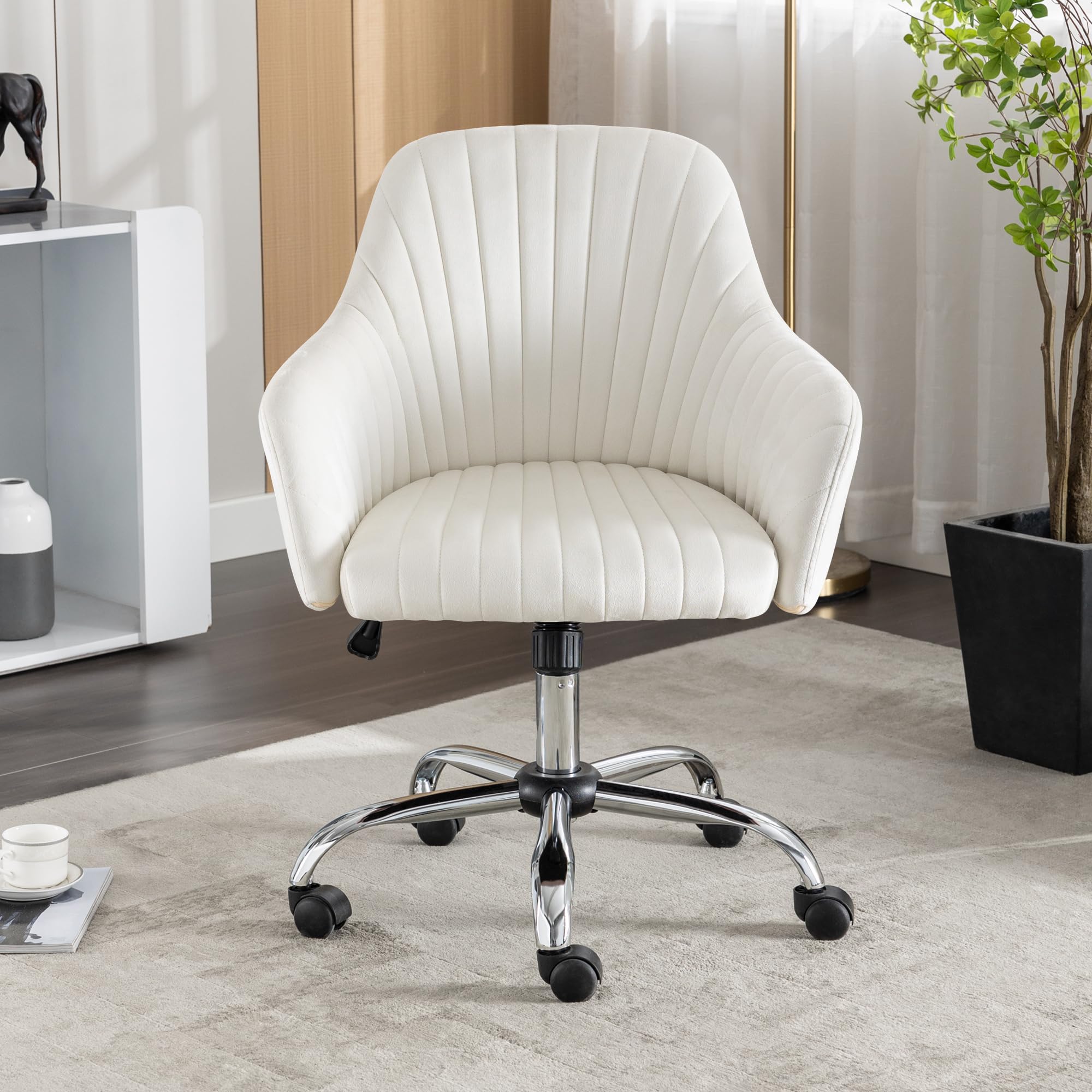 Modern Vanity Velvet Adjustable Low Back Rolling Chair, Twill Upholstered Cute Chair with Wheels