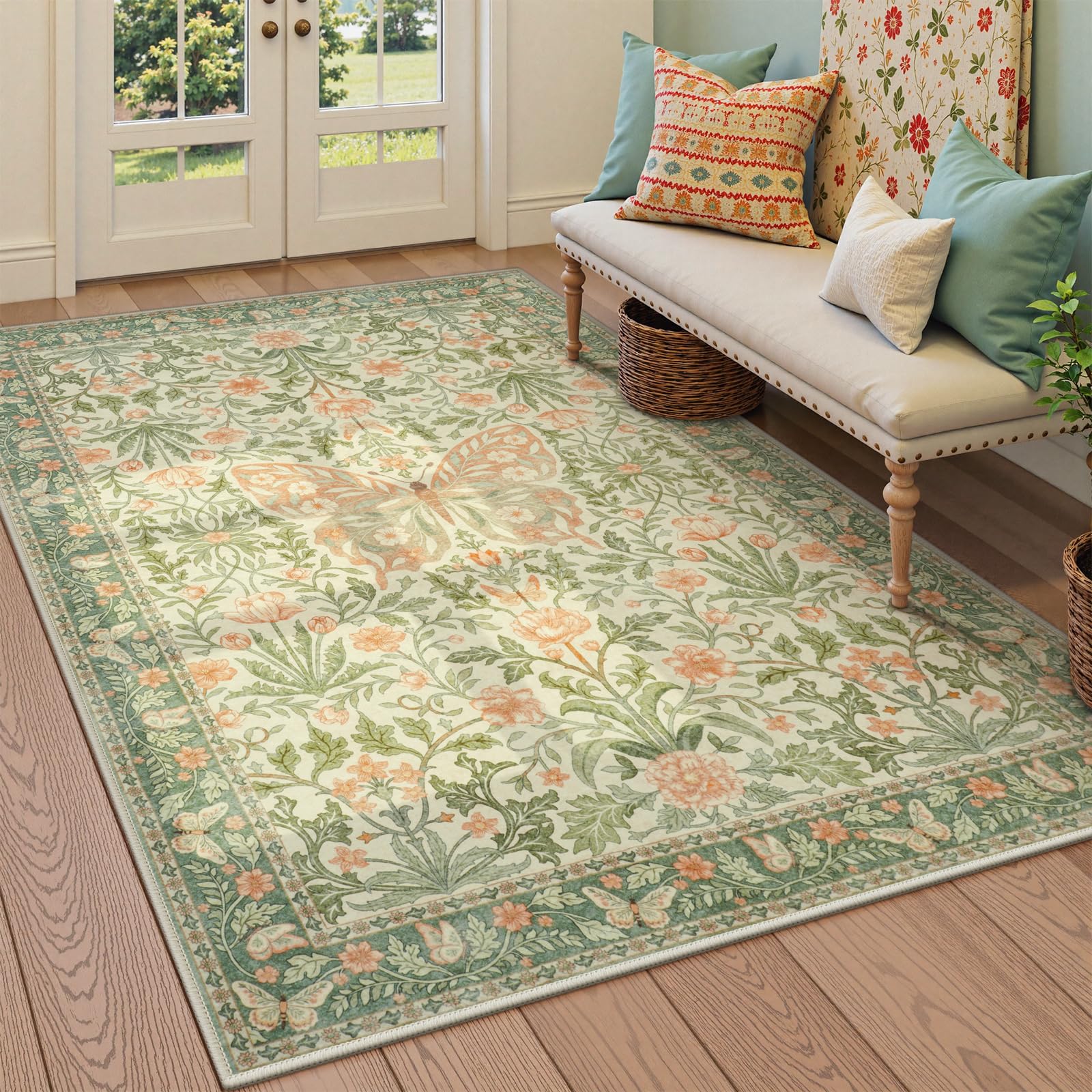 Vintage Floral Rug for Girls Bedroom Washable Non Slip, Soft Ultra Thin Boho Insect Carpet