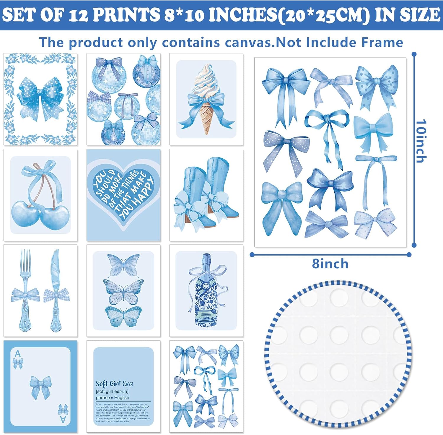 Coquette 12Pcs Blue Wall Decor - Bow Knot Cherry Wall Art Prints Decorative Aesthetic Pictures for Girls Home Office Room Gallery Party, 8 x 10 Inch, Unframed