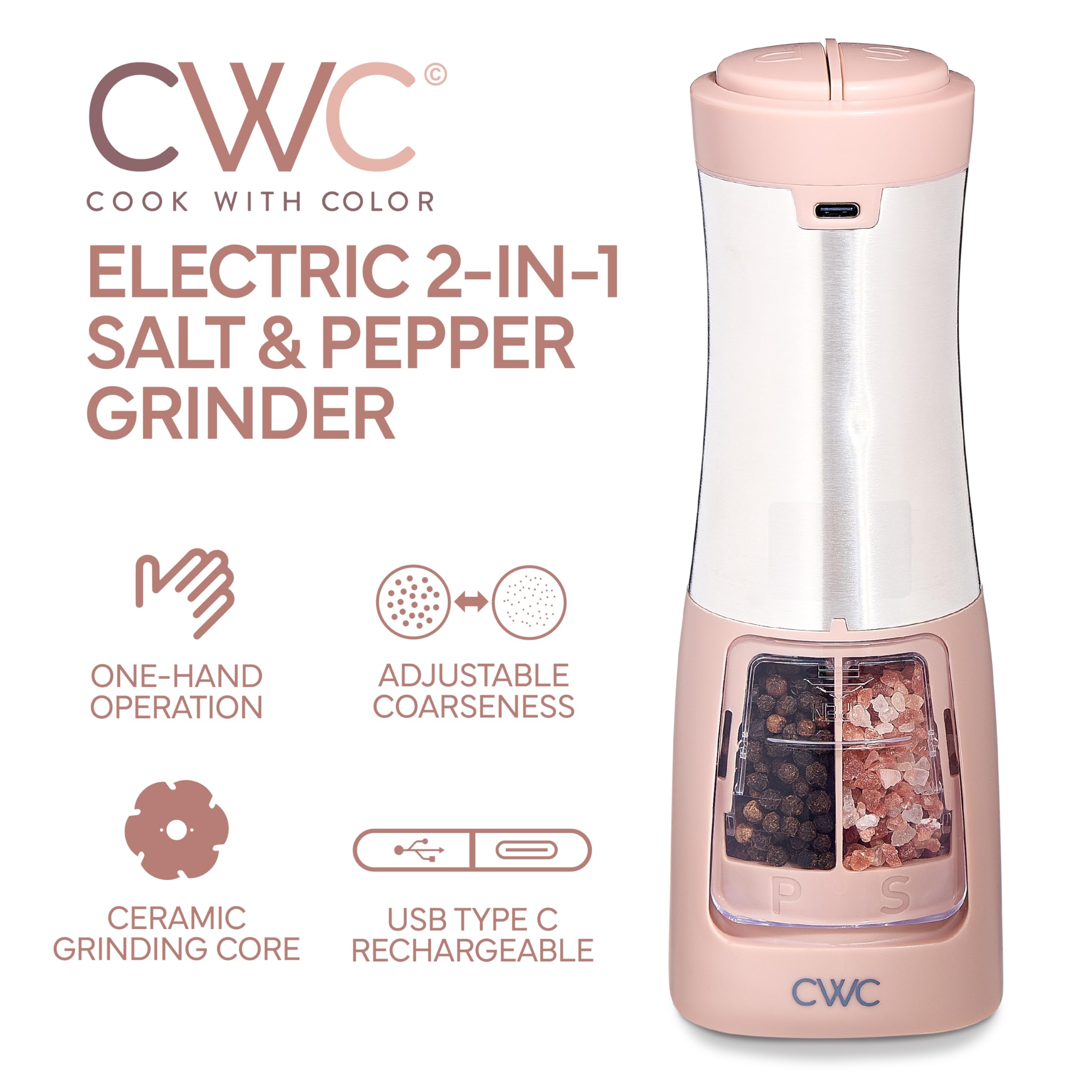 Rechargeable Salt & Pepper Shaker - 2-in-1 Grinders for Salt and Pepper