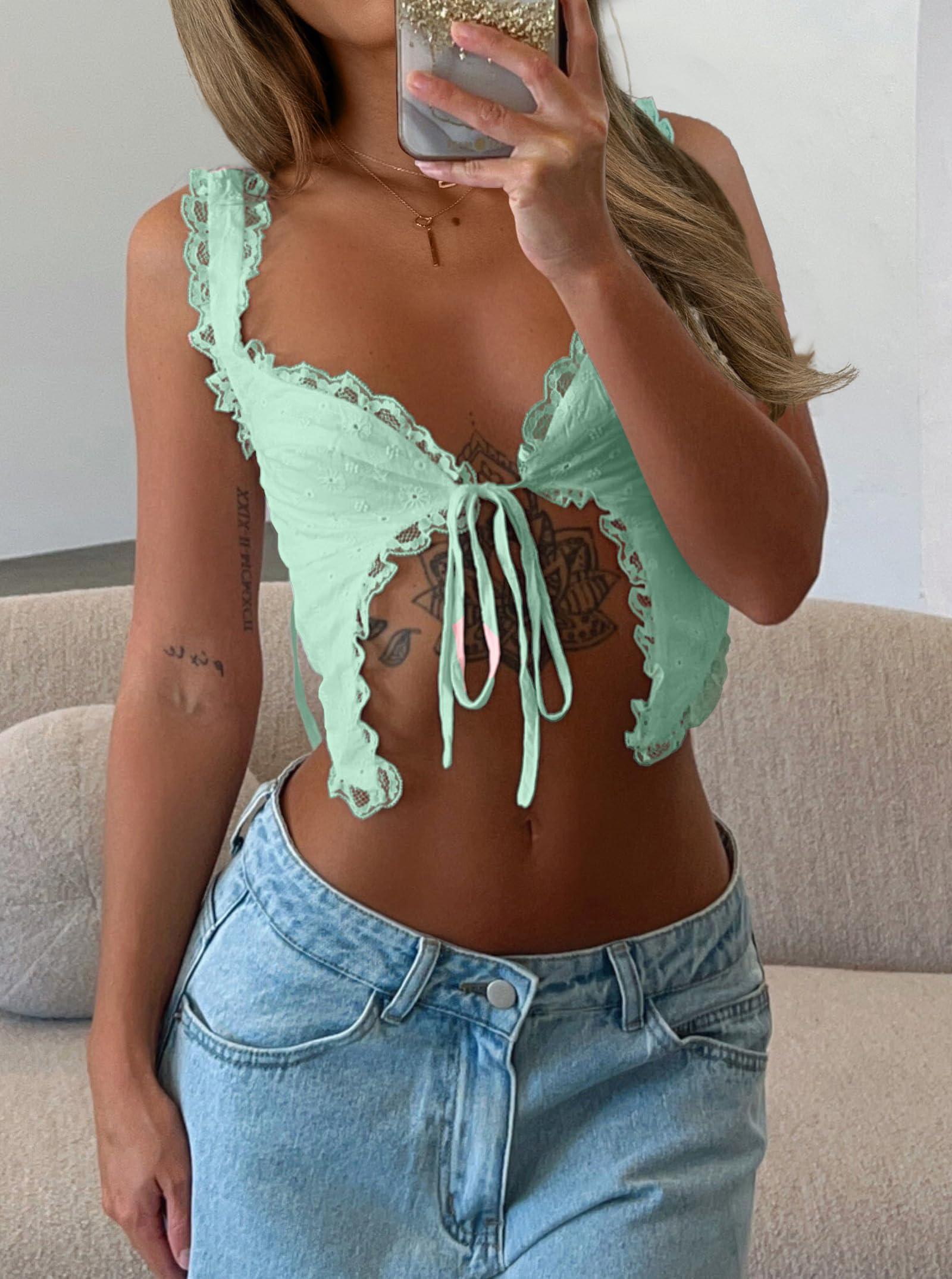 Women's Eyelet Embroidery Lace Trim Tie Front Crop Top and Mini Skirt Set Summer 2 Pieces Outfits