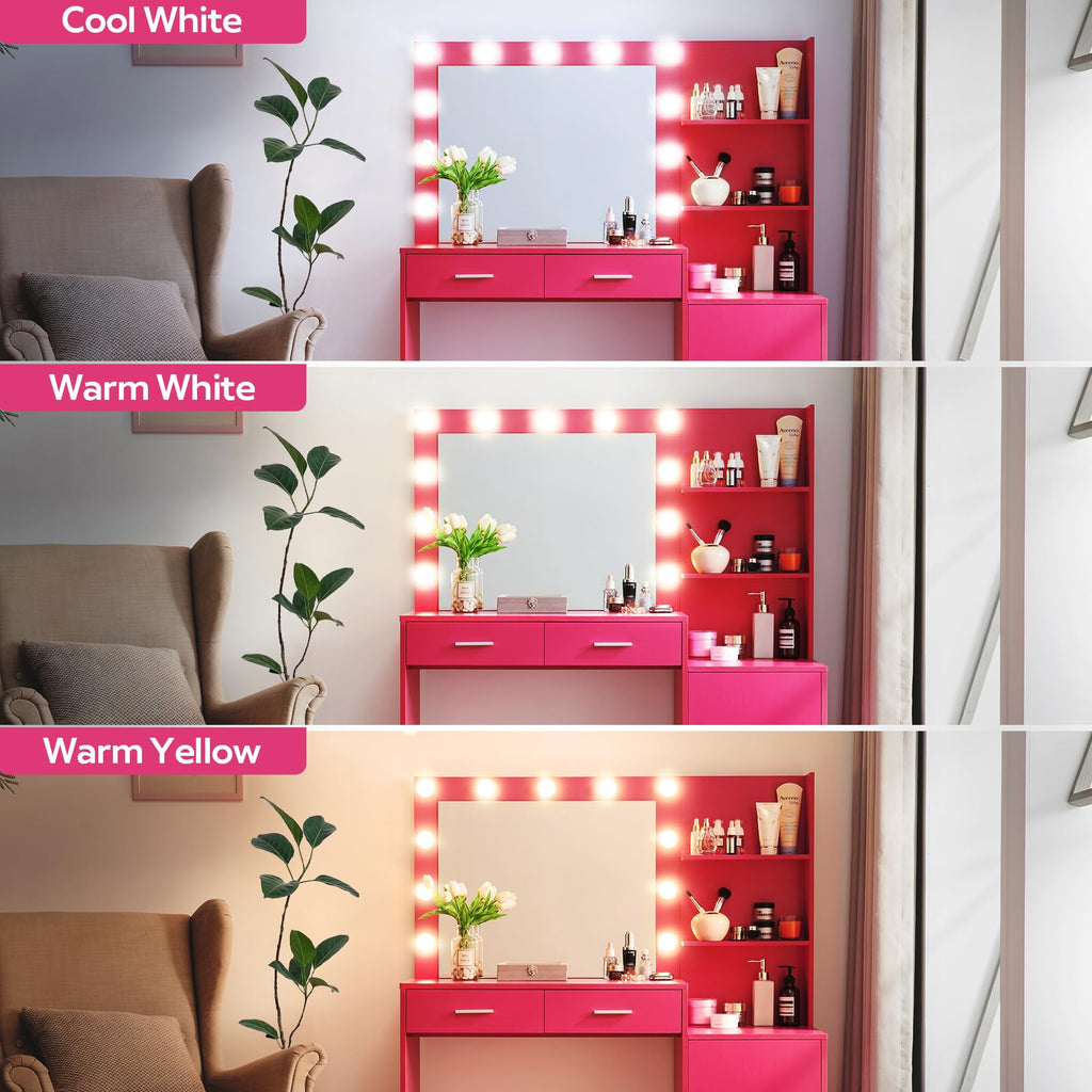 Vanity Desk with Mirror and LED Light Strip,Dressing Table with Large Drawer, 3 Level Storage Dresser & 3 Lighting Modes Adjustable Brightness