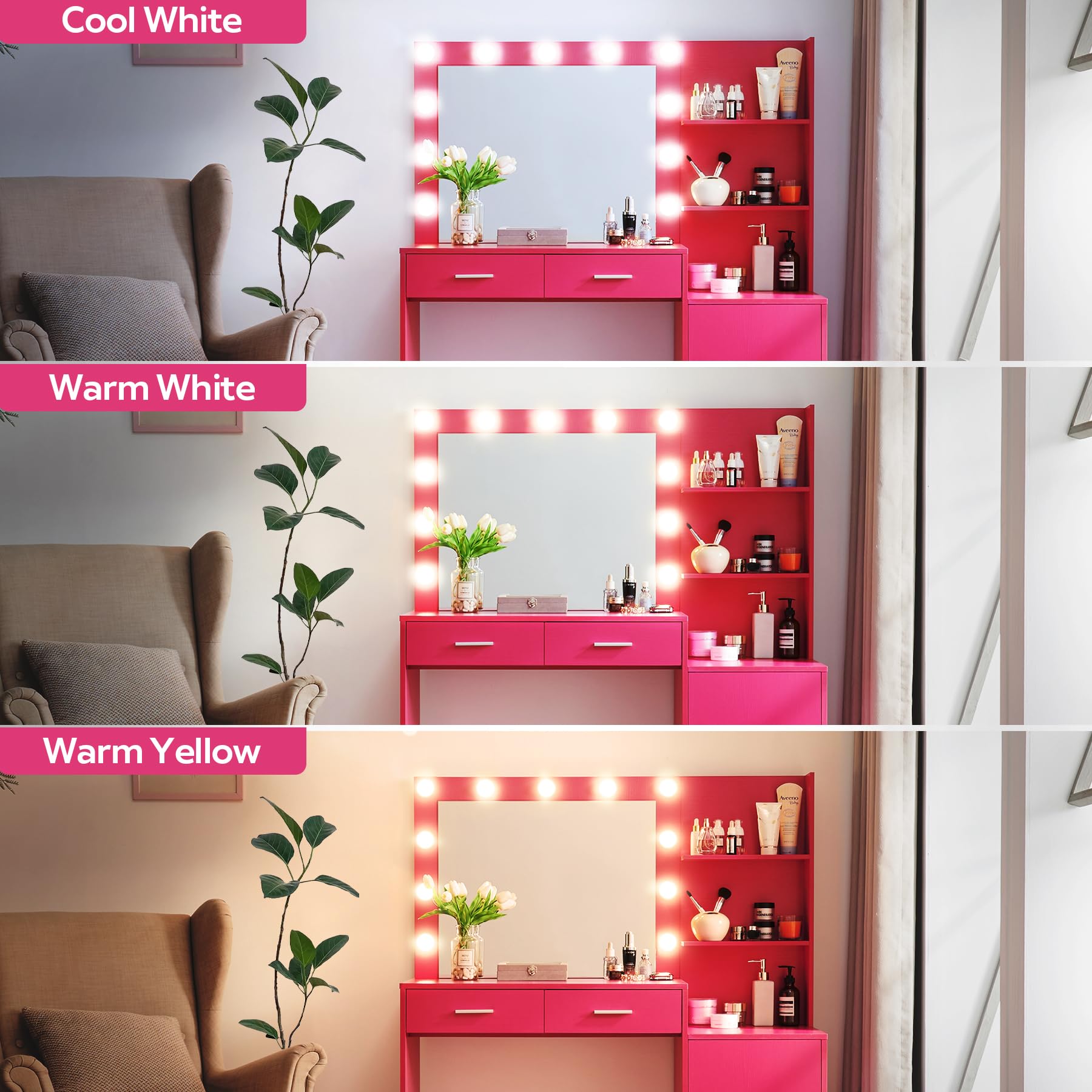 Vanity Desk with Mirror and LED Light Strip,Dressing Table with Large Drawer, 3 Level Storage Dresser & 3 Lighting Modes Adjustable Brightness