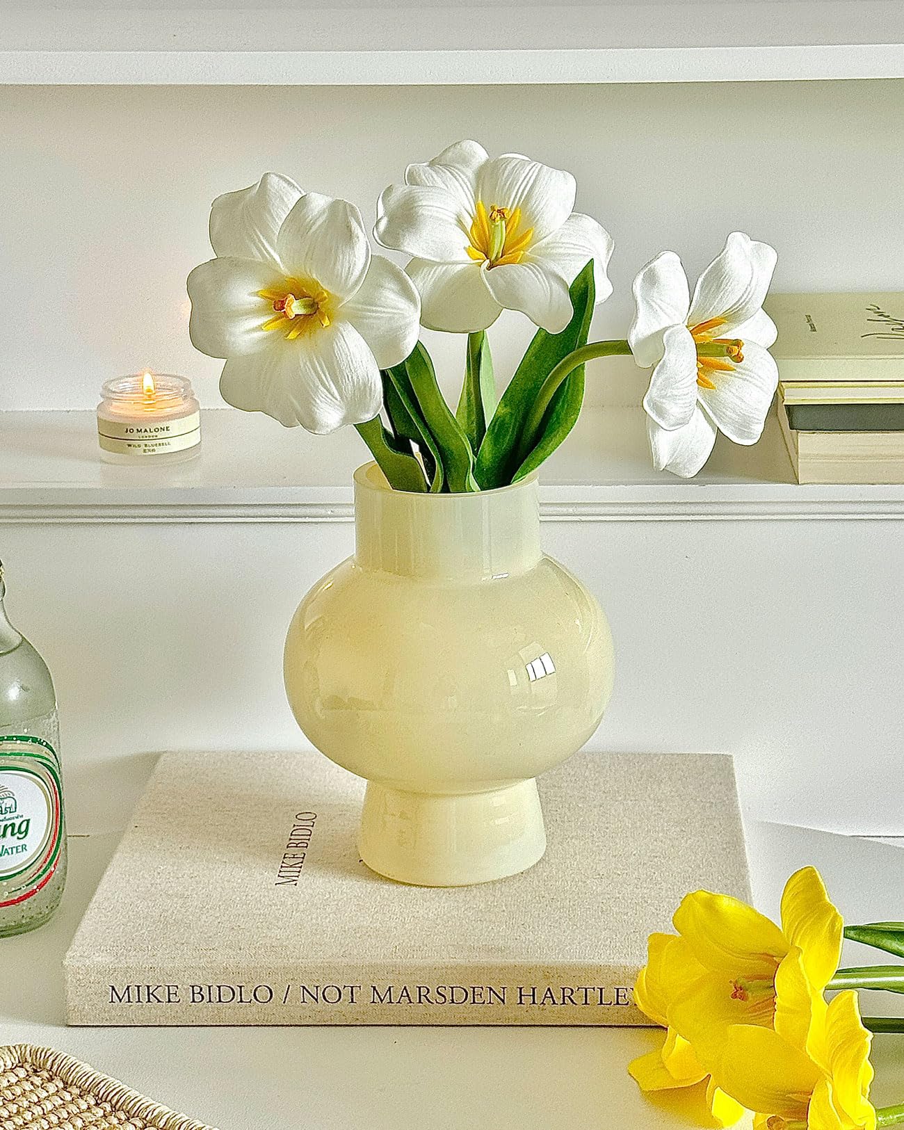 Modern Glass Vase for Flowers, Cute Yellow Colored Decorative Vase for Centerpiece Table Shelf Funky Home Office Decor