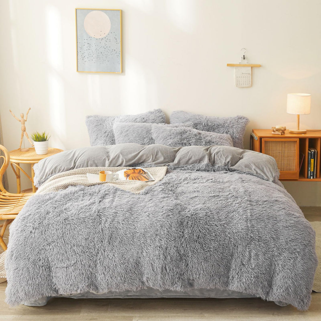 Fluffy Faux Fur Comforter Cover Set Queen - Ultra Soft Plush Bedding Sets 3 Pieces (1 Fluffy Duvet Cover + 2 Faux Fur Pillow case) Cute Bed Set