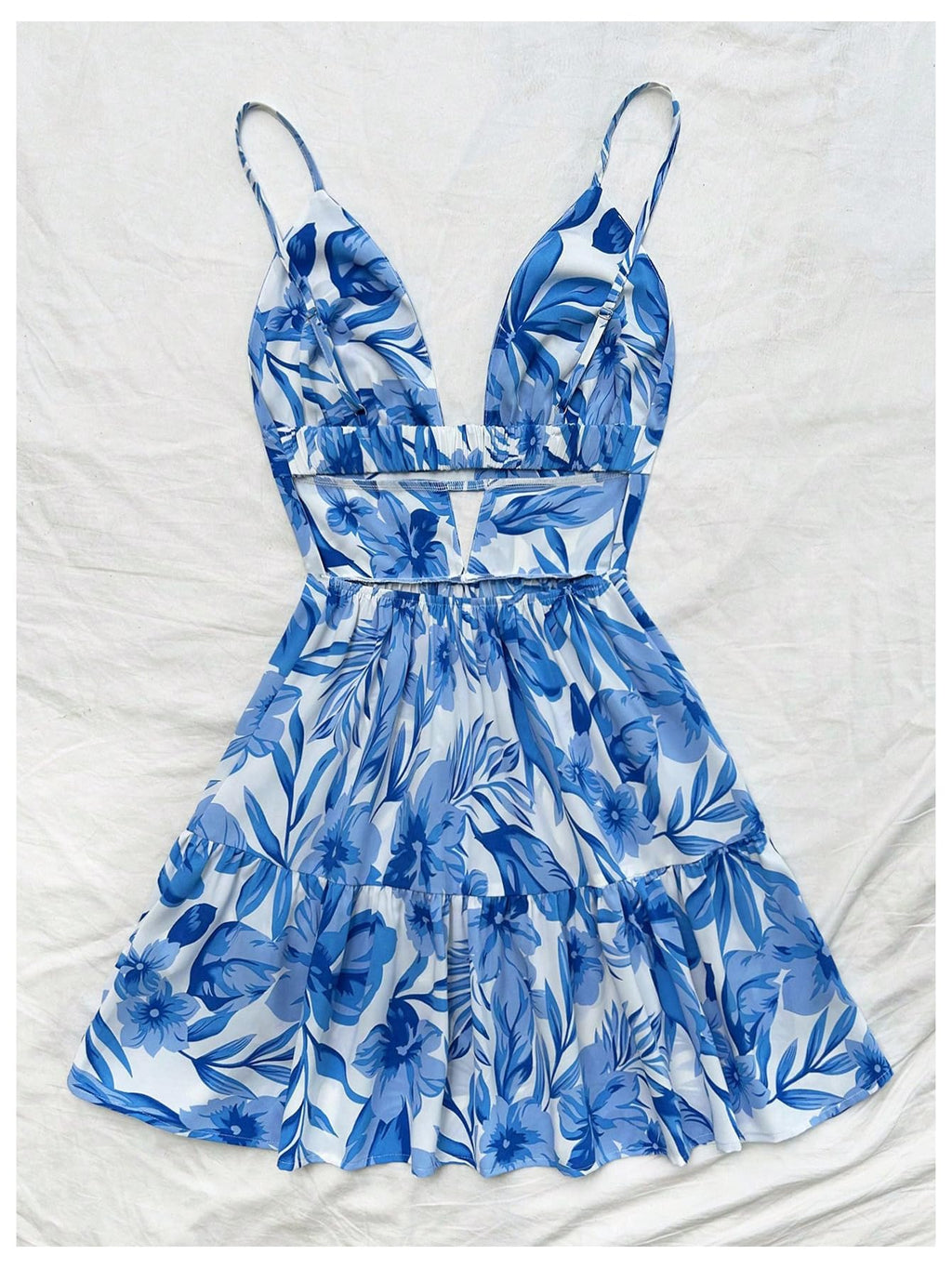 Women's Sleeveless Butterfly Print Cut Out V Neck Tiered Mini Cami Dresses