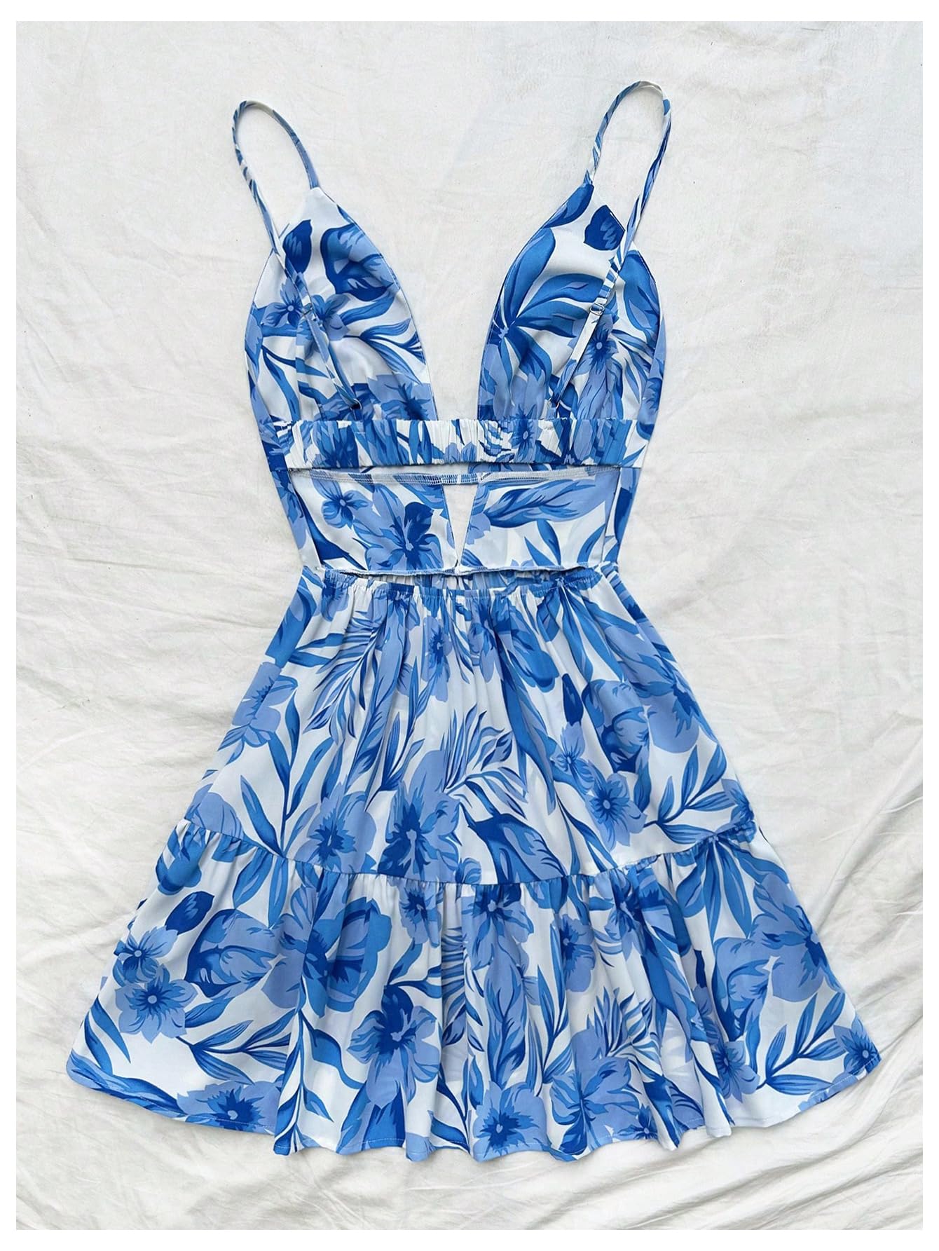 Women's Sleeveless Butterfly Print Cut Out V Neck Tiered Mini Cami Dresses