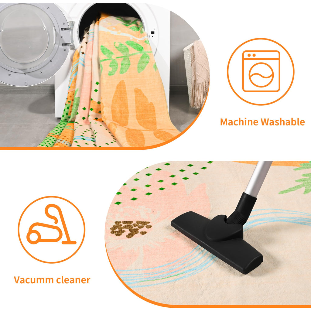 Faux Wool Boho Floral Area Rug Abstract Print Soft Carpet, TPR Non-Slip Backing, Machine Washable Low Pile Rug