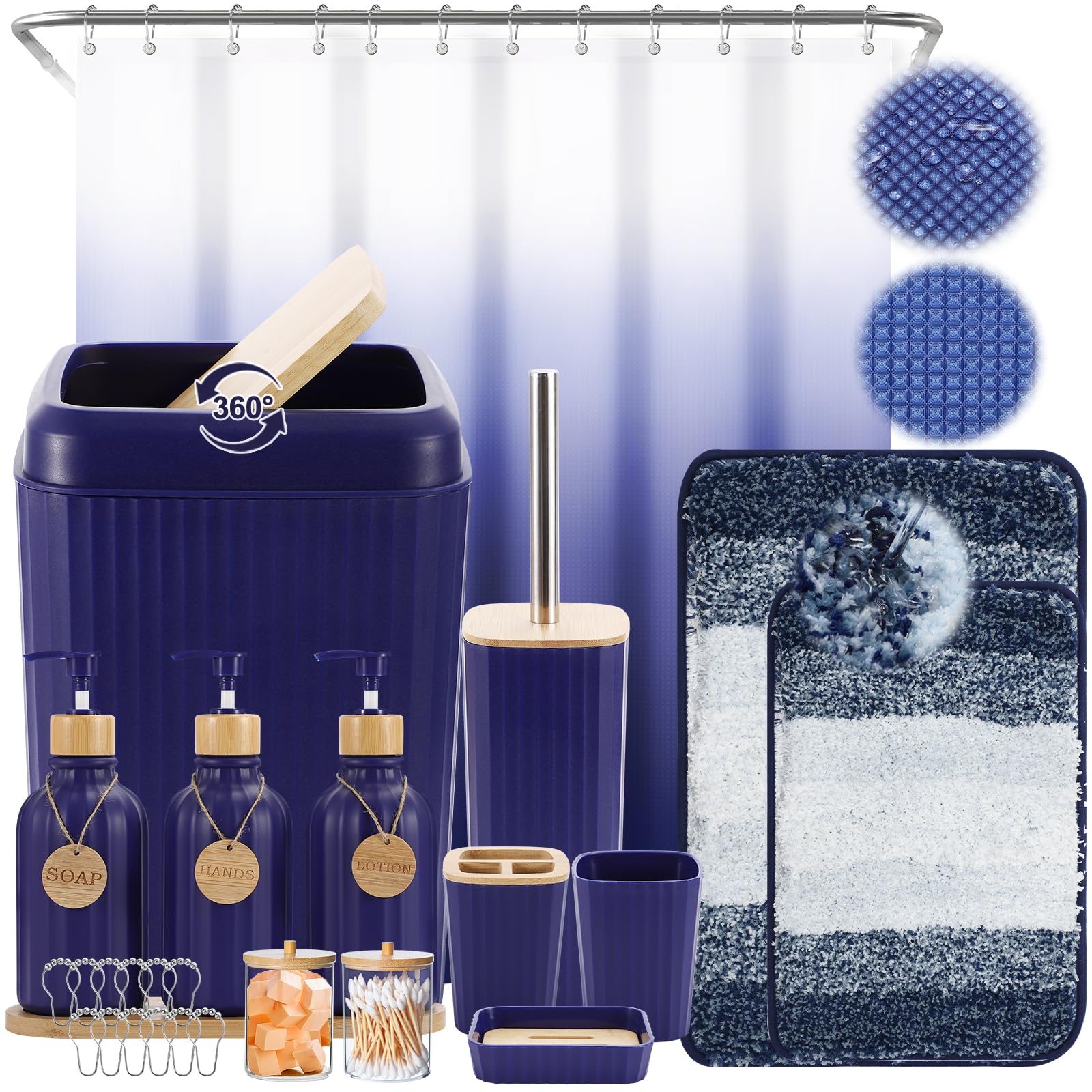 Simply Bathroom Accessories Set 17PCS Bathroom Set with Trash Can 3PCS Lotion Soap Dispenser, Toothbrush Holder, Soap Dish,Tumbler Cup, 6PCS Wood Tags Bath Accessories with Tray for Kitchen Bathroom