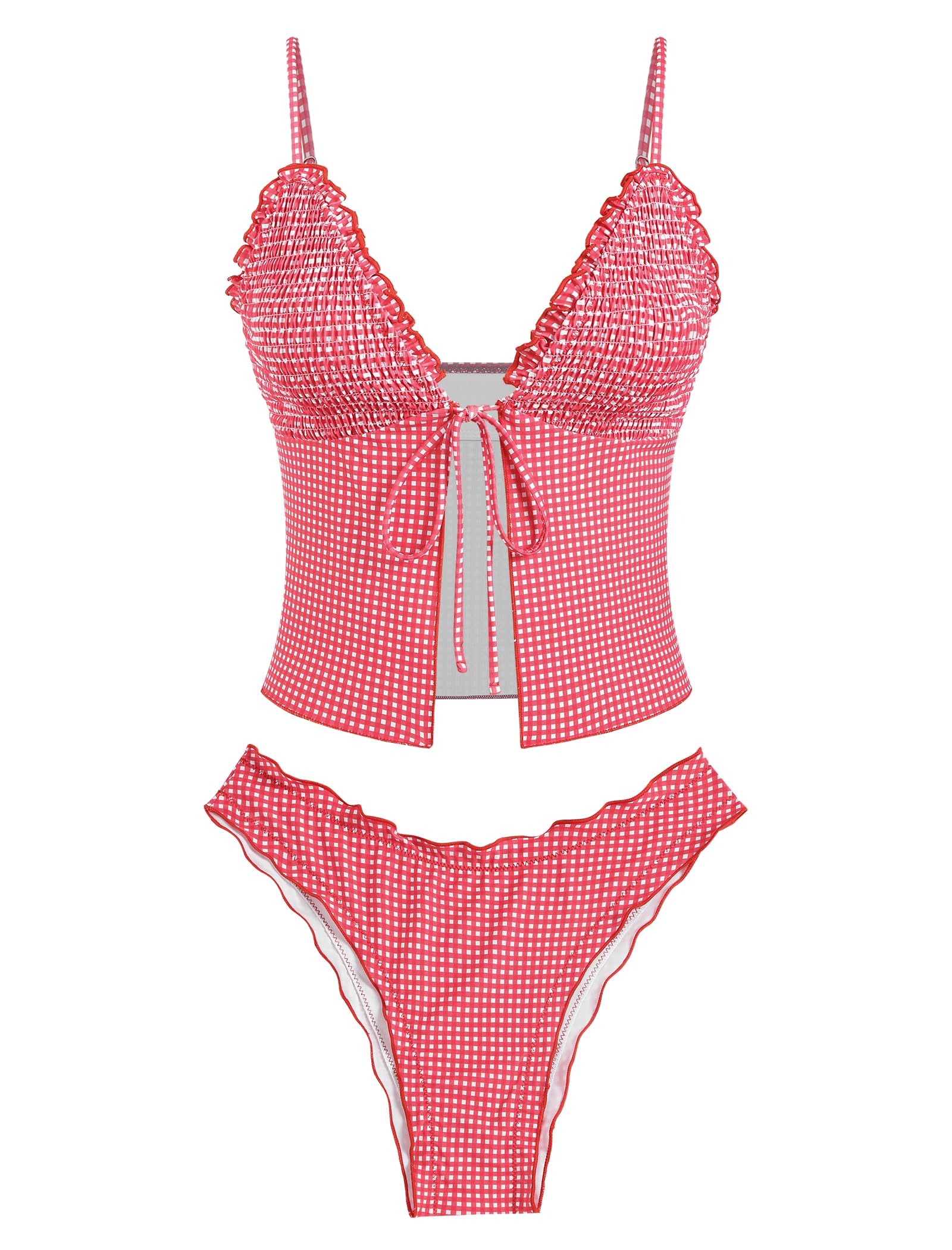 Tankini Swimsuits for Women Smocked Ruffles Tie Front Bowknot Textured High Cut Tanga Tankini Set
