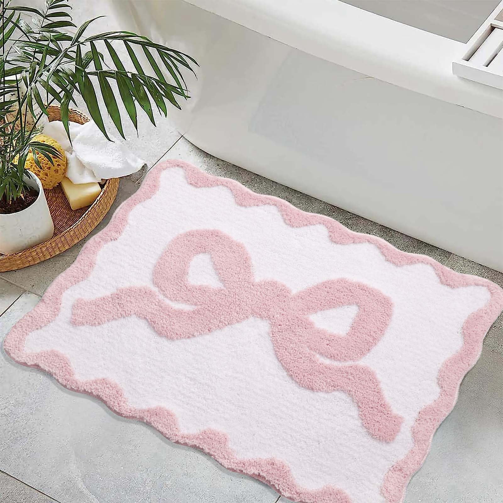 Coquette Pink Bow Bath Mat for Bathroom 20"x32", Cute Preppy Rugs with Scalloped Edges, Soft Microfiber, Ultra Absorbent, Non-Slip