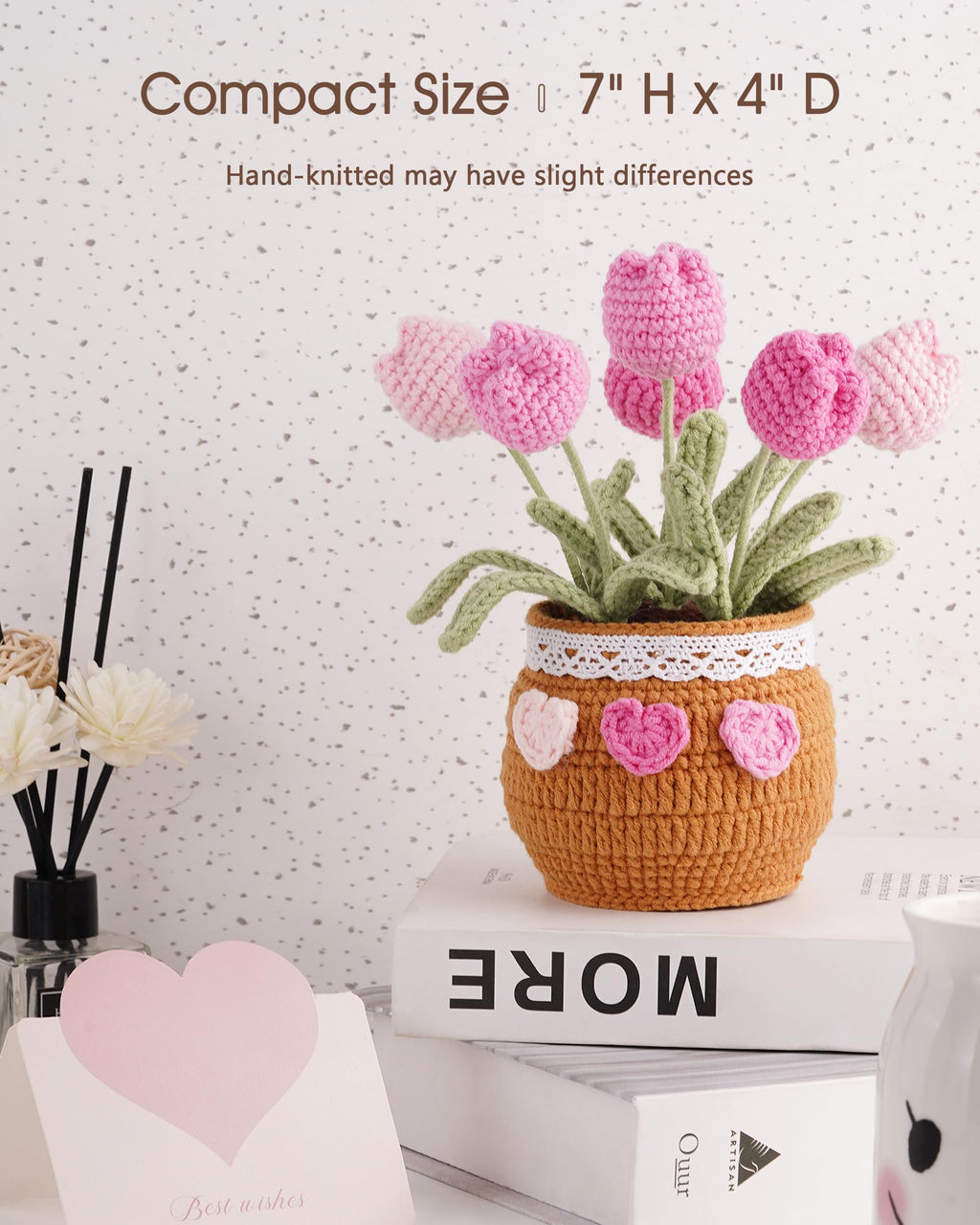 Crochet Tulip Potted Plant - Handmade Cotton Knitted Artificial Flowers, 6 Tulips Pot Plant with Bendable Leaves